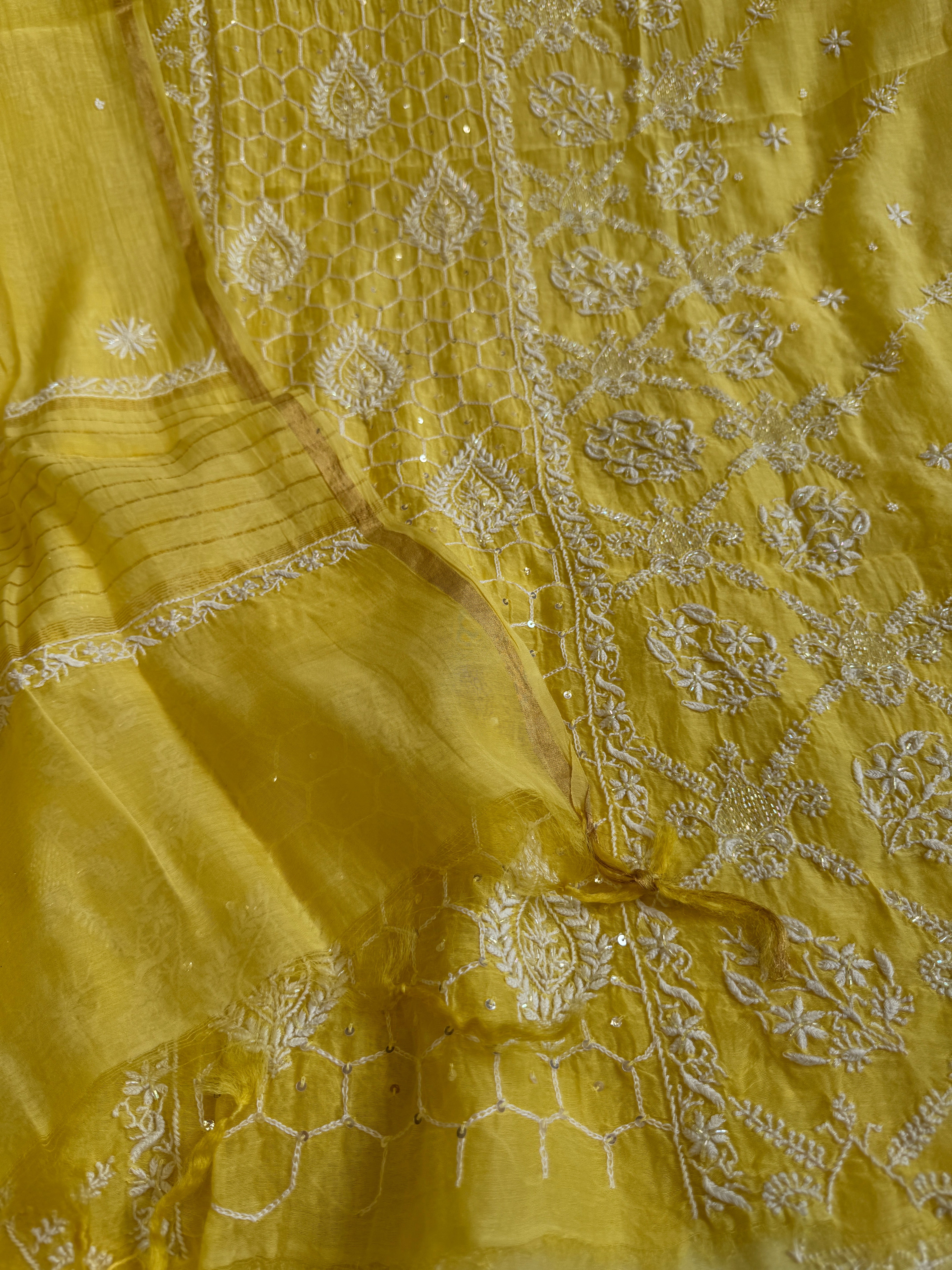 Mul Chanderi Chikankari - Heavy Unstitched Set -Yellow ARIAA CHIKANKARI 