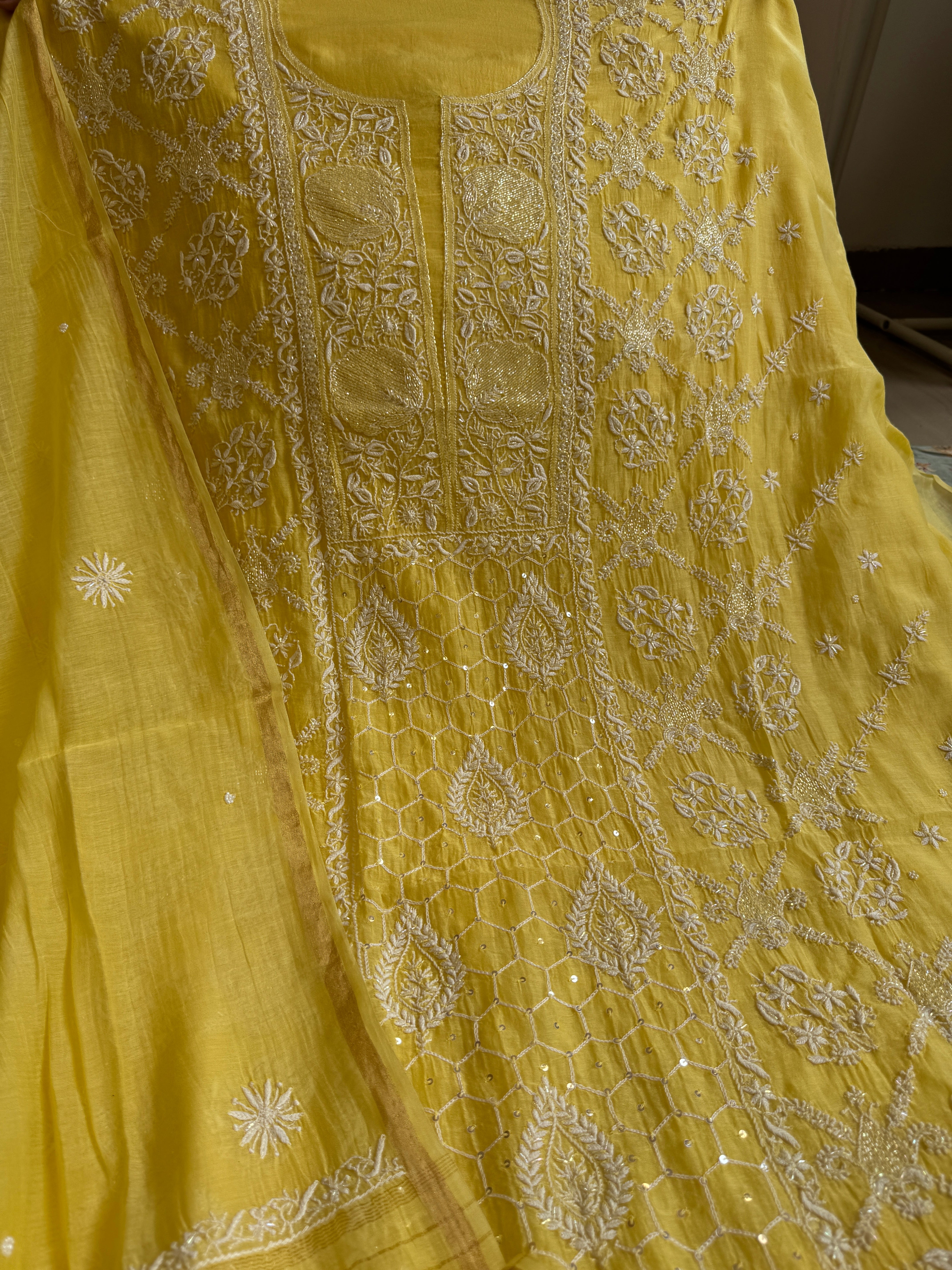 Mul Chanderi Chikankari - Heavy Unstitched Set -Yellow ARIAA CHIKANKARI 