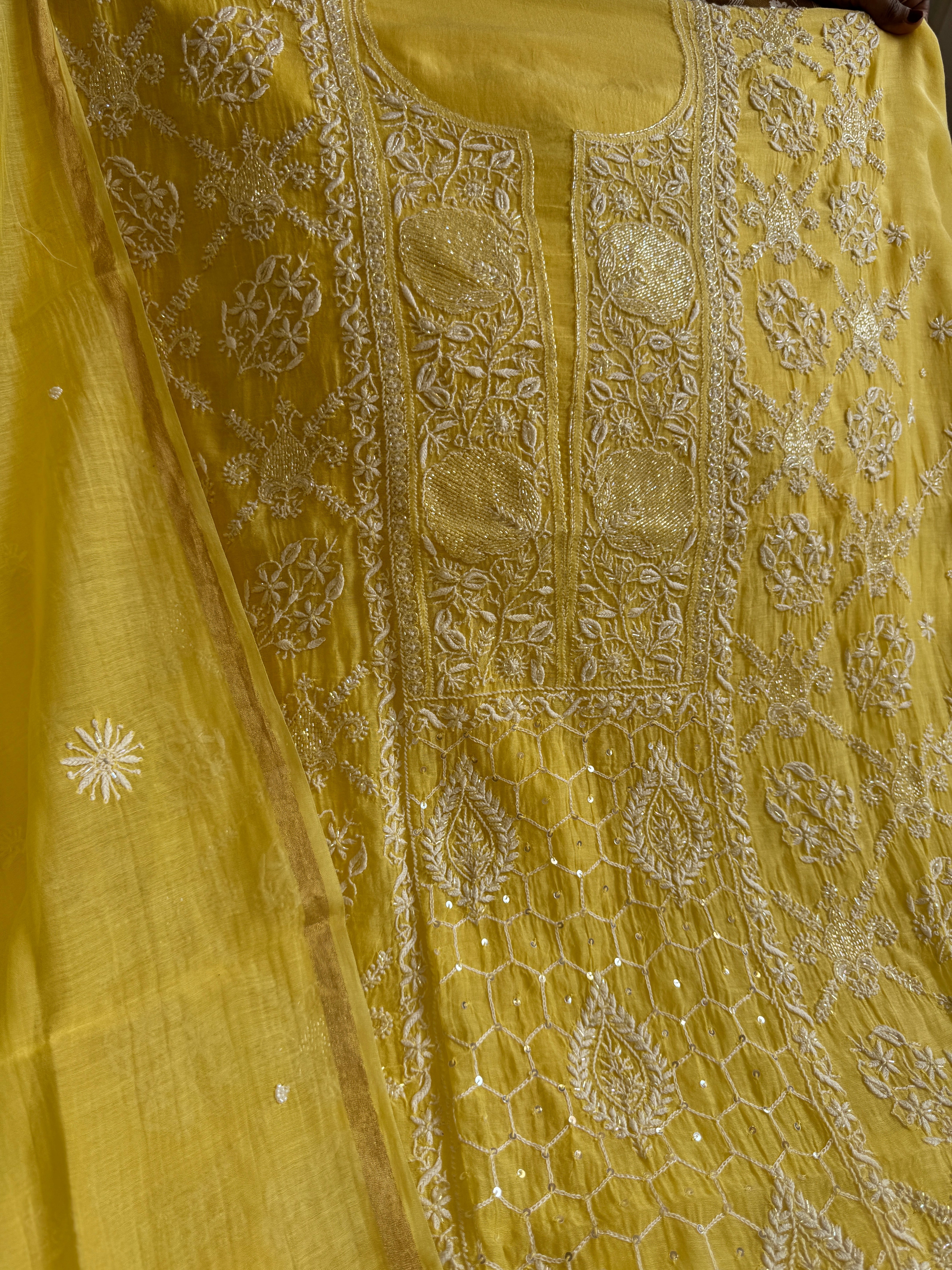 Mul Chanderi Chikankari - Heavy Unstitched Set -Yellow ARIAA CHIKANKARI 