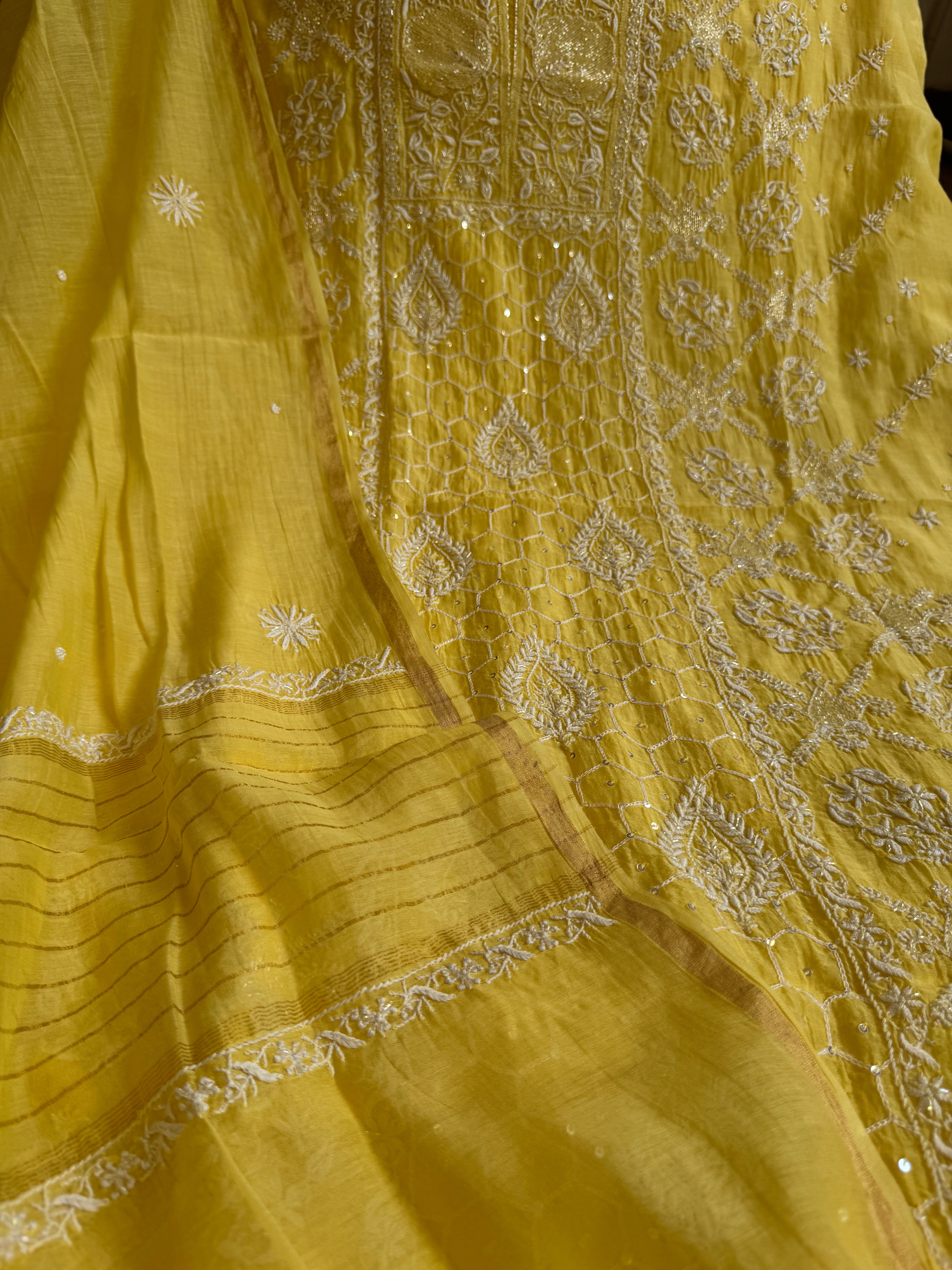 Mul Chanderi Chikankari - Heavy Unstitched Set -Yellow ARIAA CHIKANKARI 