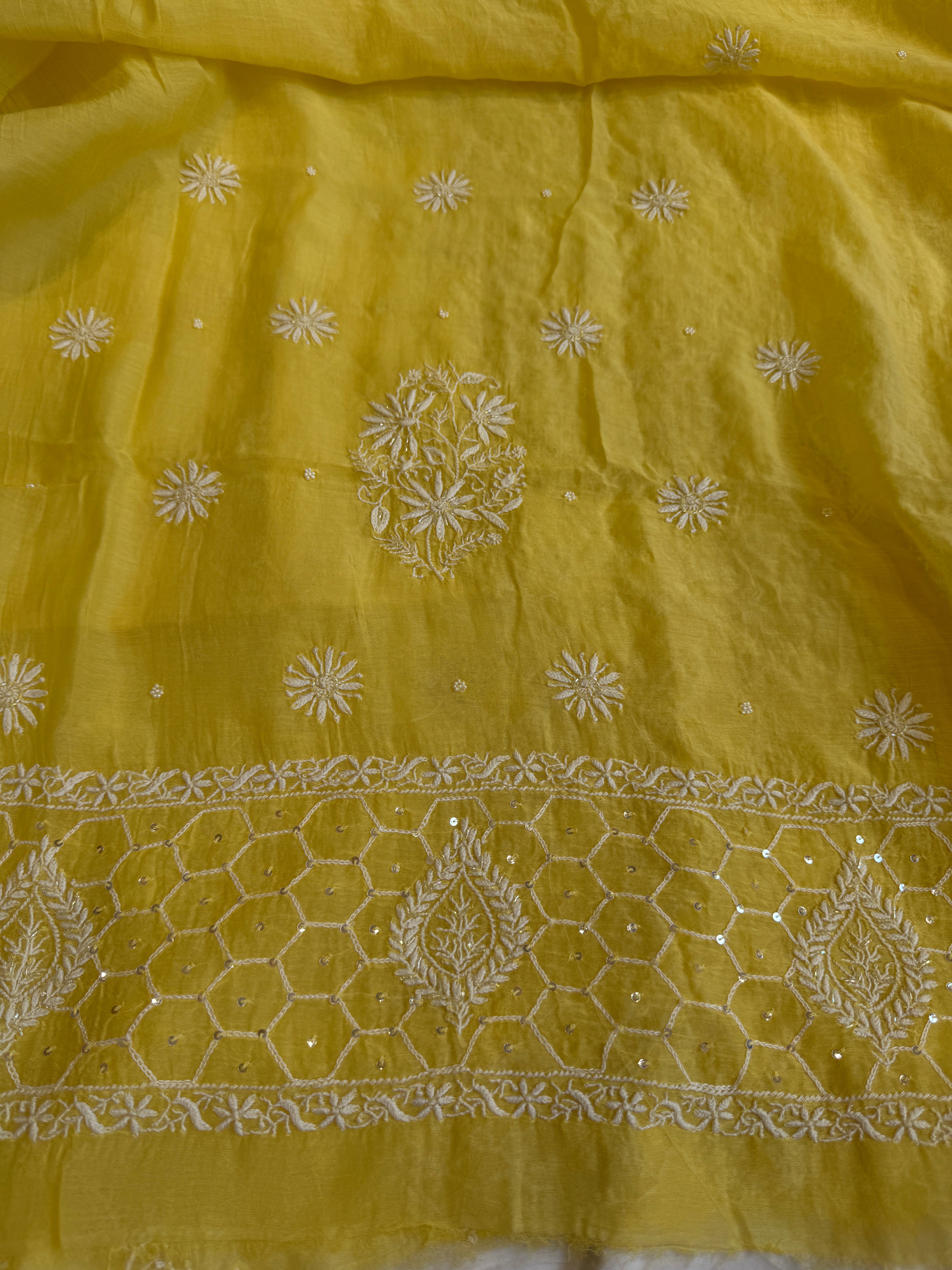 Mul Chanderi Chikankari - Heavy Unstitched Set -Yellow ARIAA CHIKANKARI 