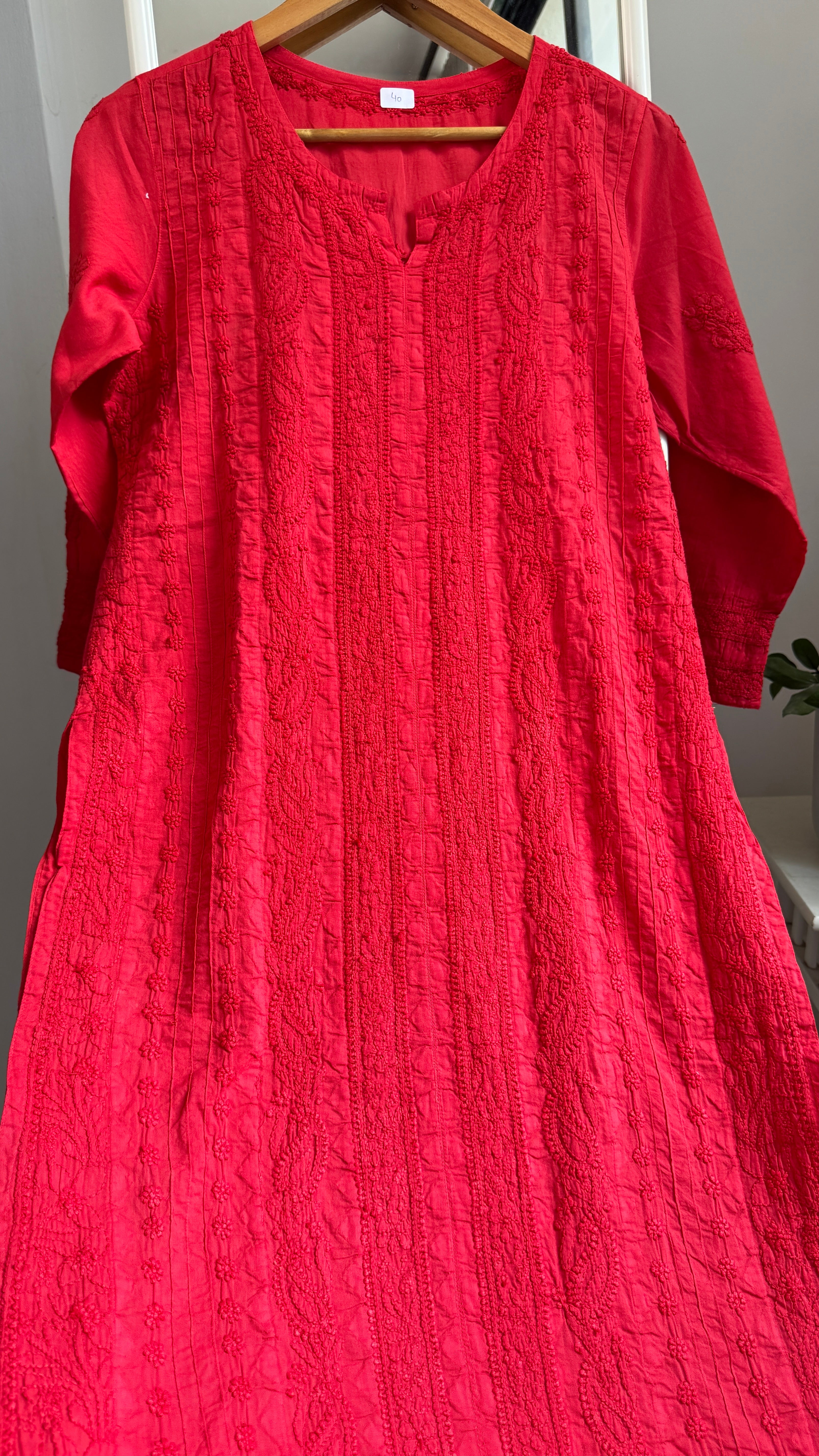 Pure Cotton Chikankari Full Jaal Kurti -Red - Gul Collection