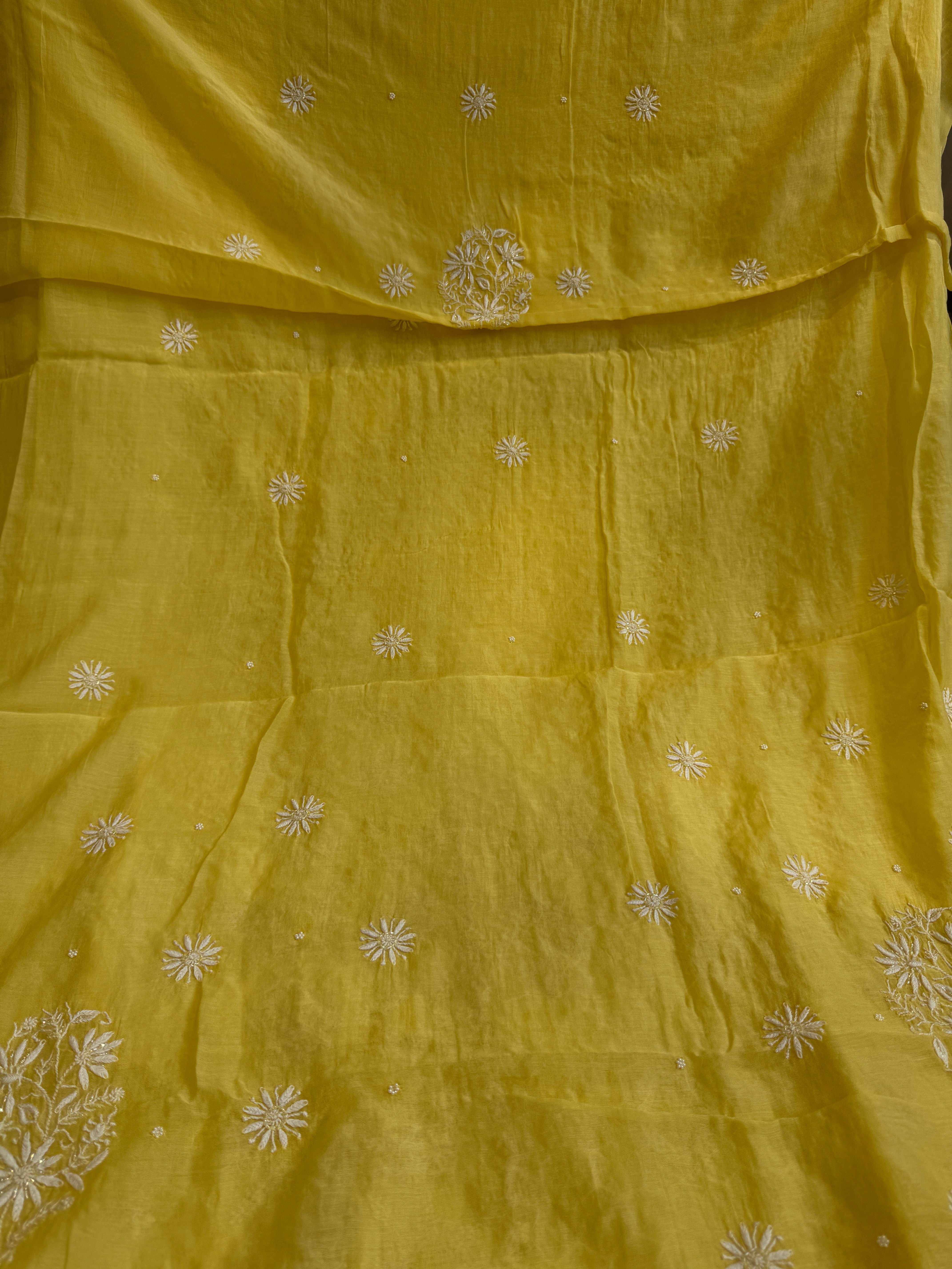Mul Chanderi Chikankari - Heavy Unstitched Set -Yellow ARIAA CHIKANKARI 