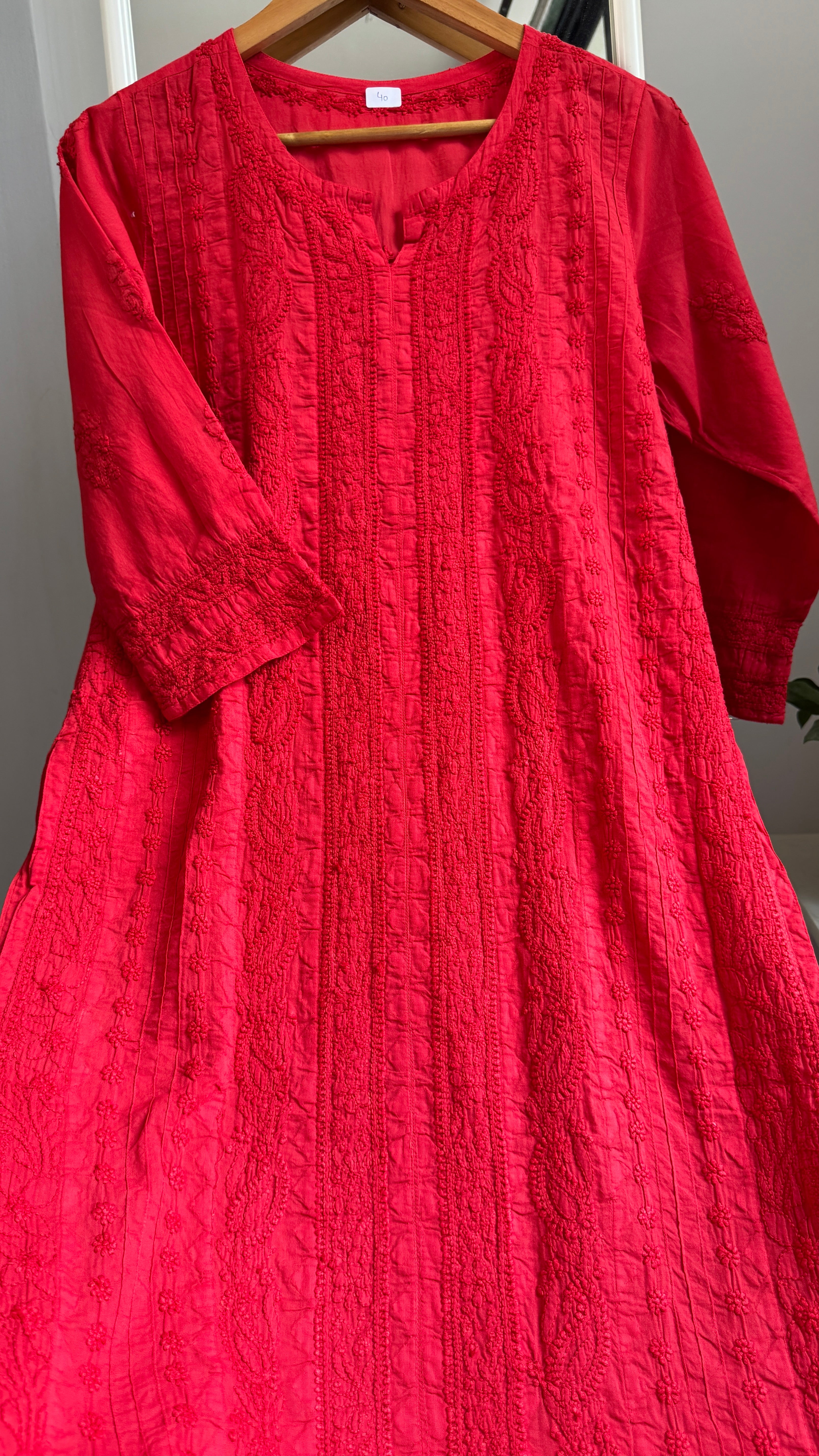 Pure Cotton Chikankari Full Jaal Kurti -Red - Gul Collection