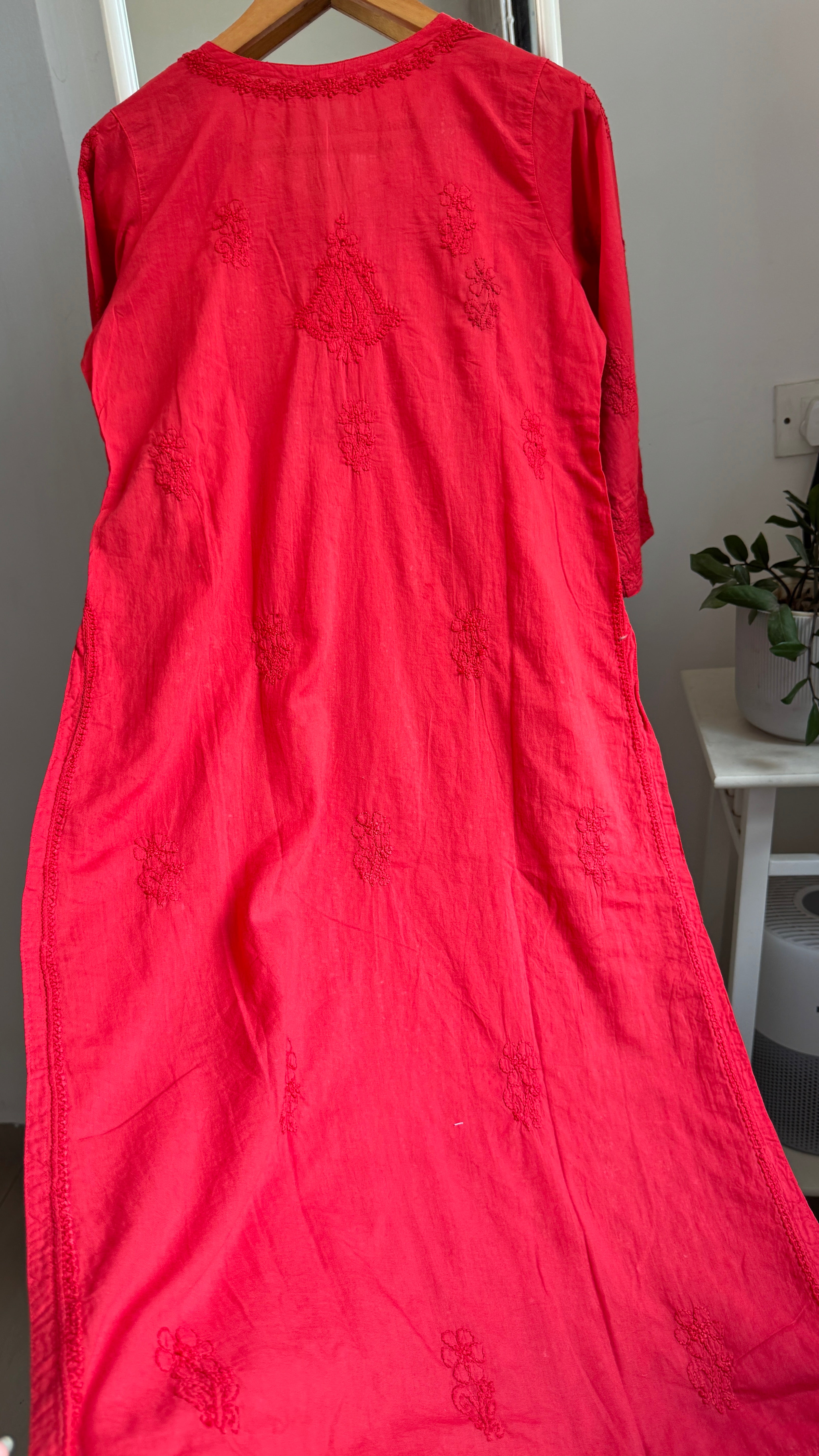 Pure Cotton Chikankari Full Jaal Kurti -Red - Gul Collection