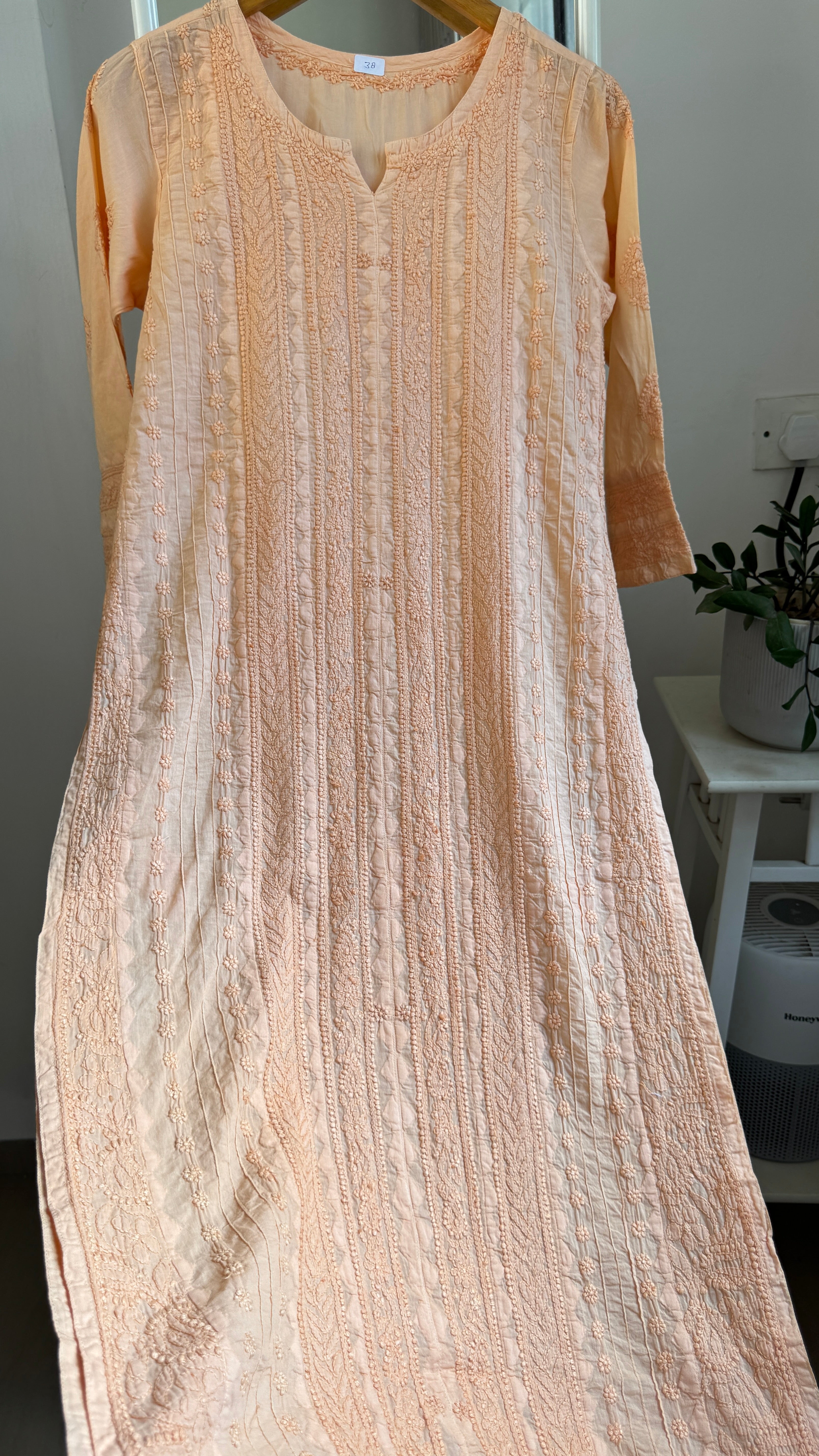 Pure Cotton Chikankari Full Jaal Kurti - Peach - Gul Collection