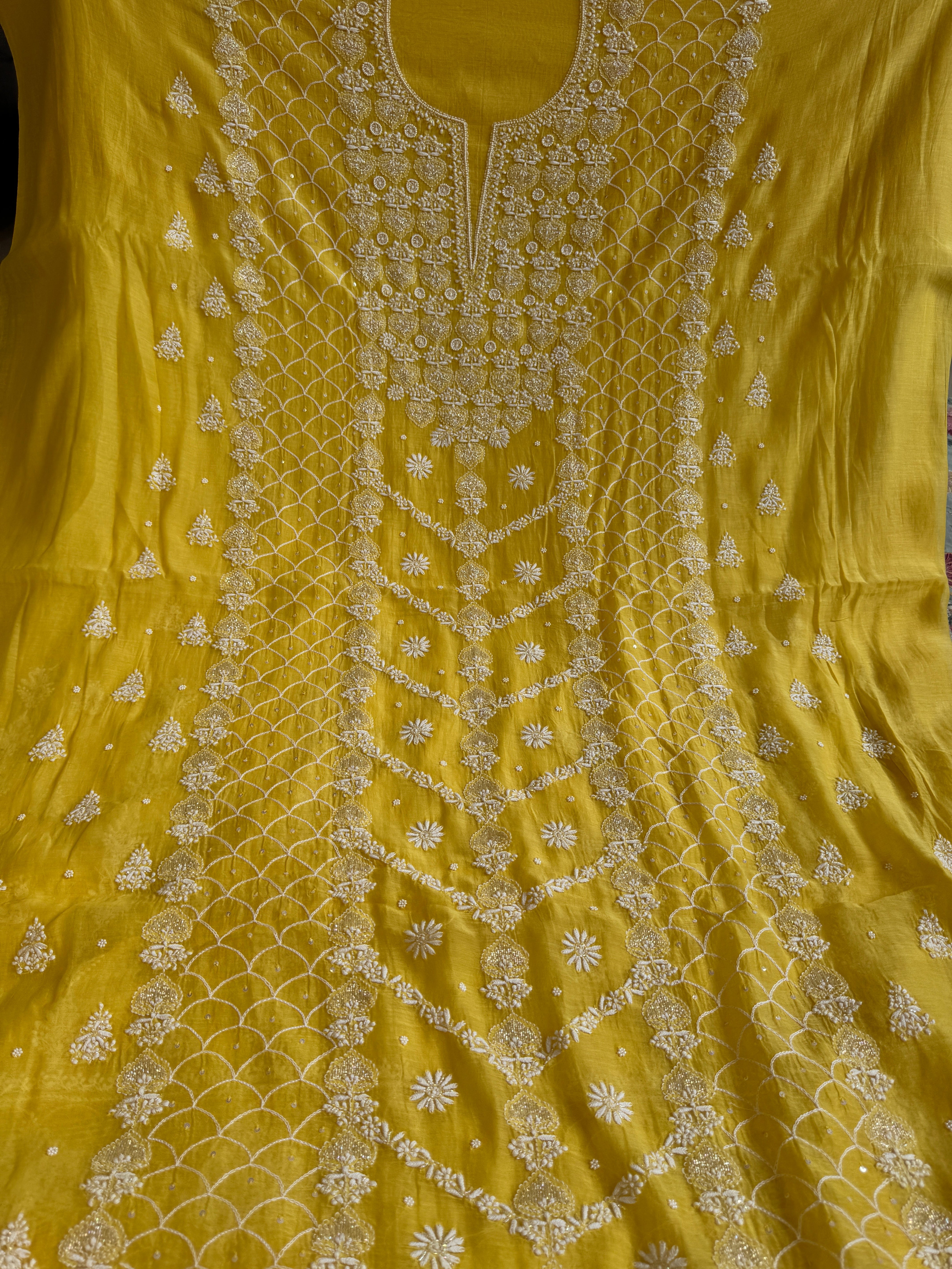 Mul Chanderi Chikankari - Heavy Unstitched Set -Yellow ARIAA CHIKANKARI 