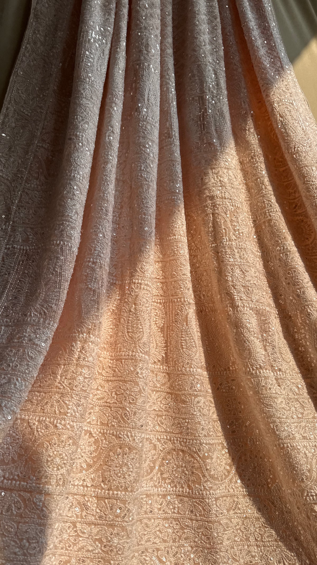 Pure Georgette Lucknow Chikankari Saree - Peach- Rooh Collection