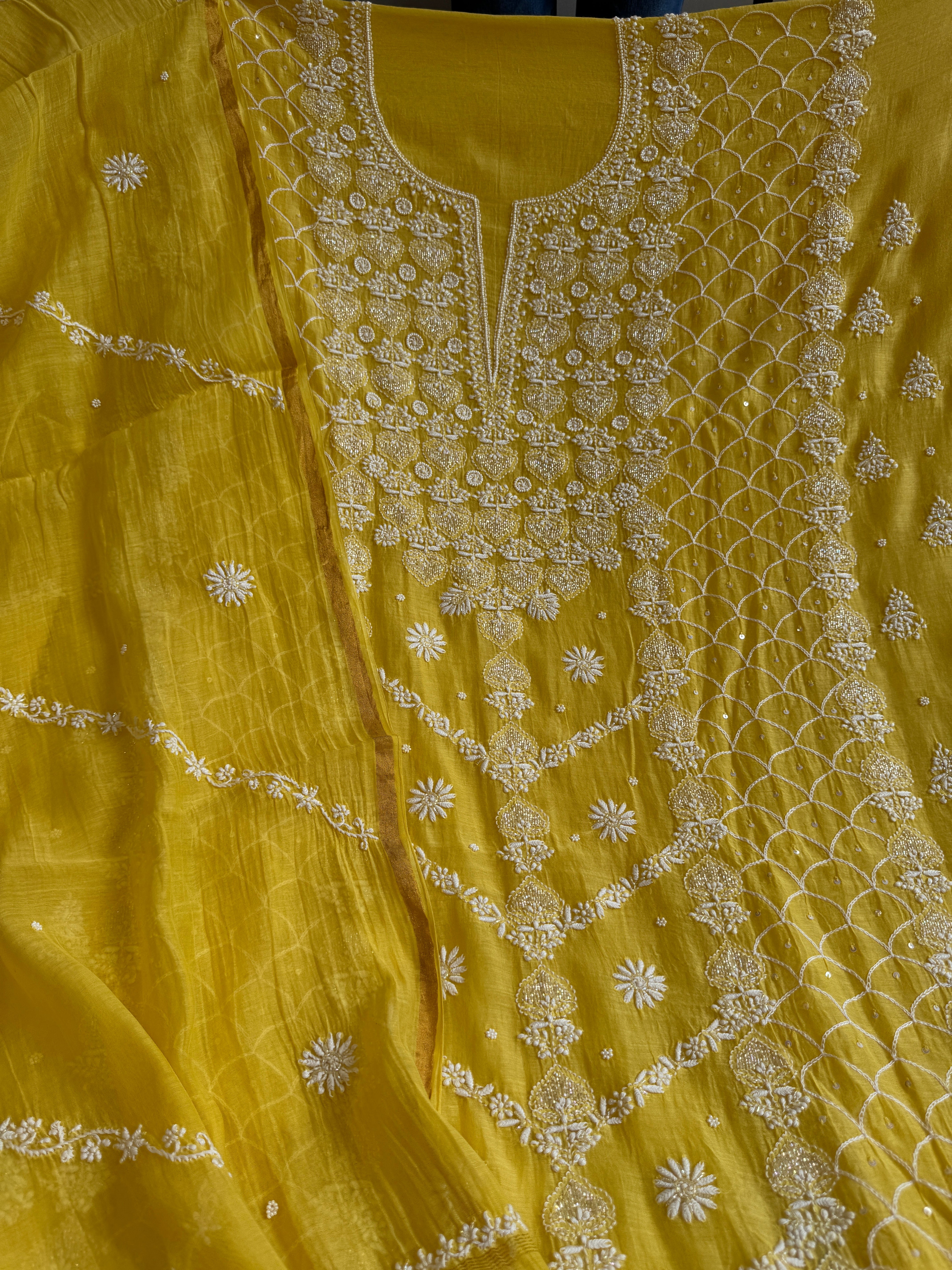 Mul Chanderi Chikankari - Heavy Unstitched Set -Yellow ARIAA CHIKANKARI 