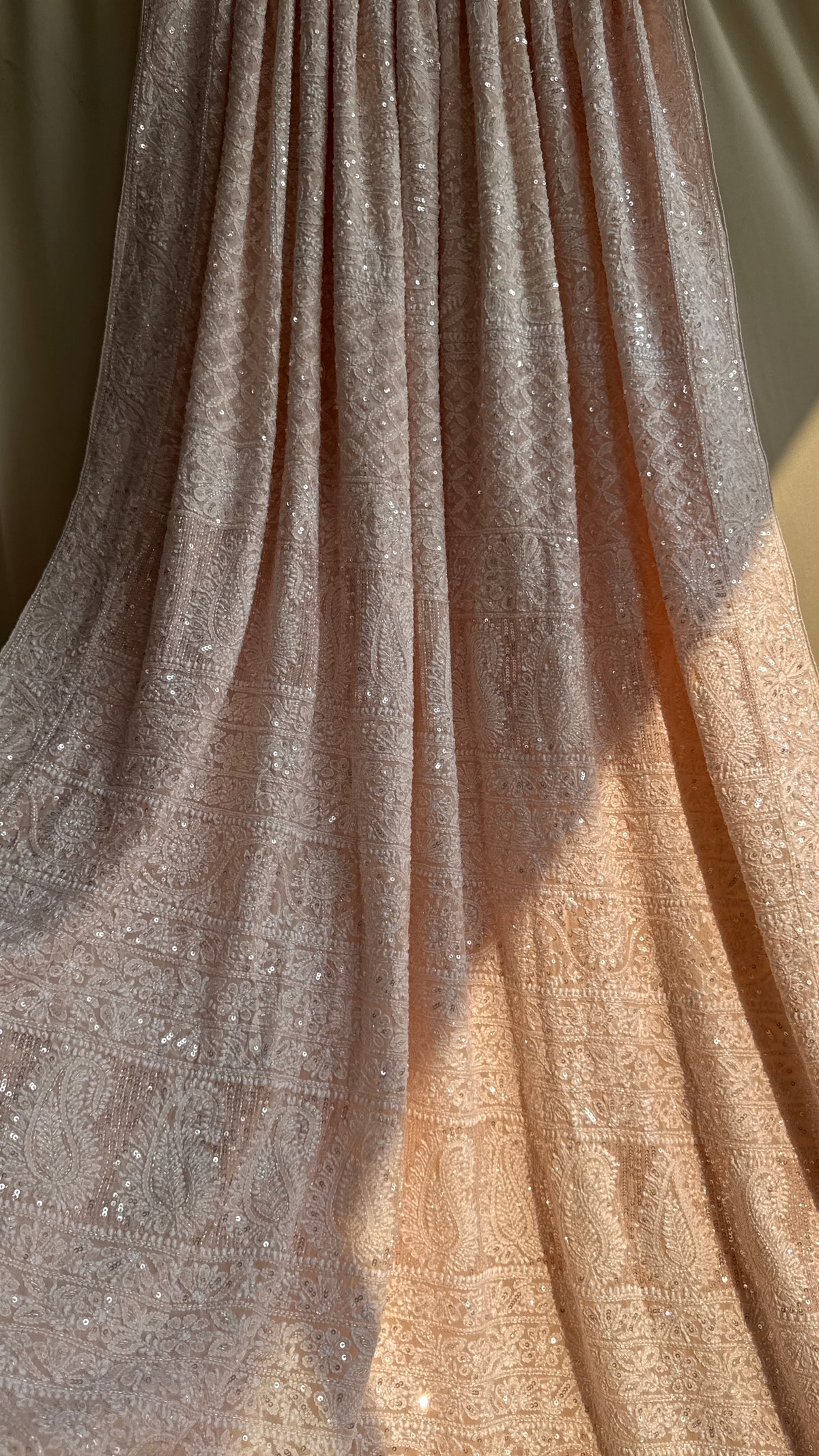 Pure Georgette Lucknow Chikankari Saree - Peach- Rooh Collection