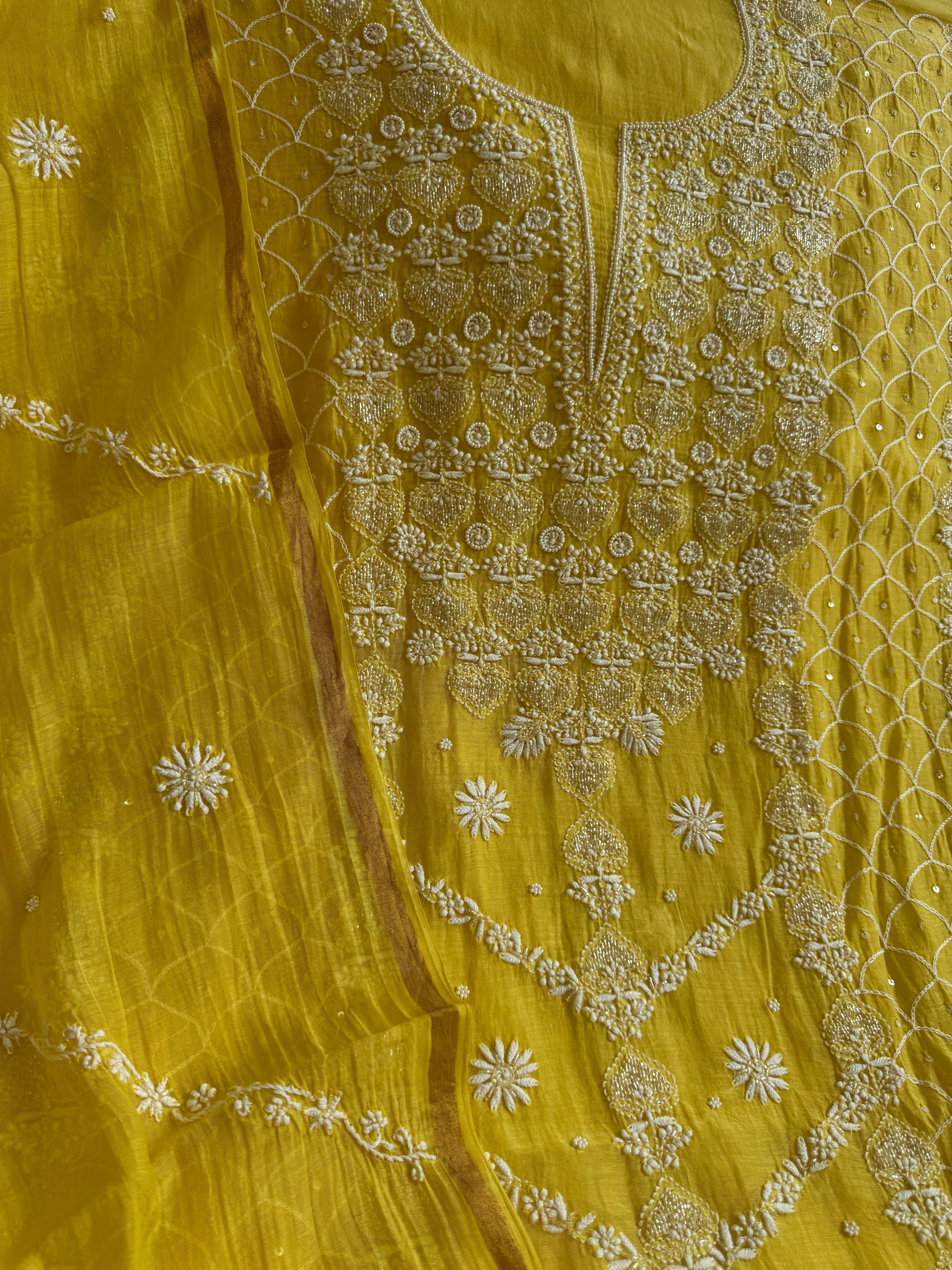 Mul Chanderi Chikankari - Heavy Unstitched Set -Yellow ARIAA CHIKANKARI 