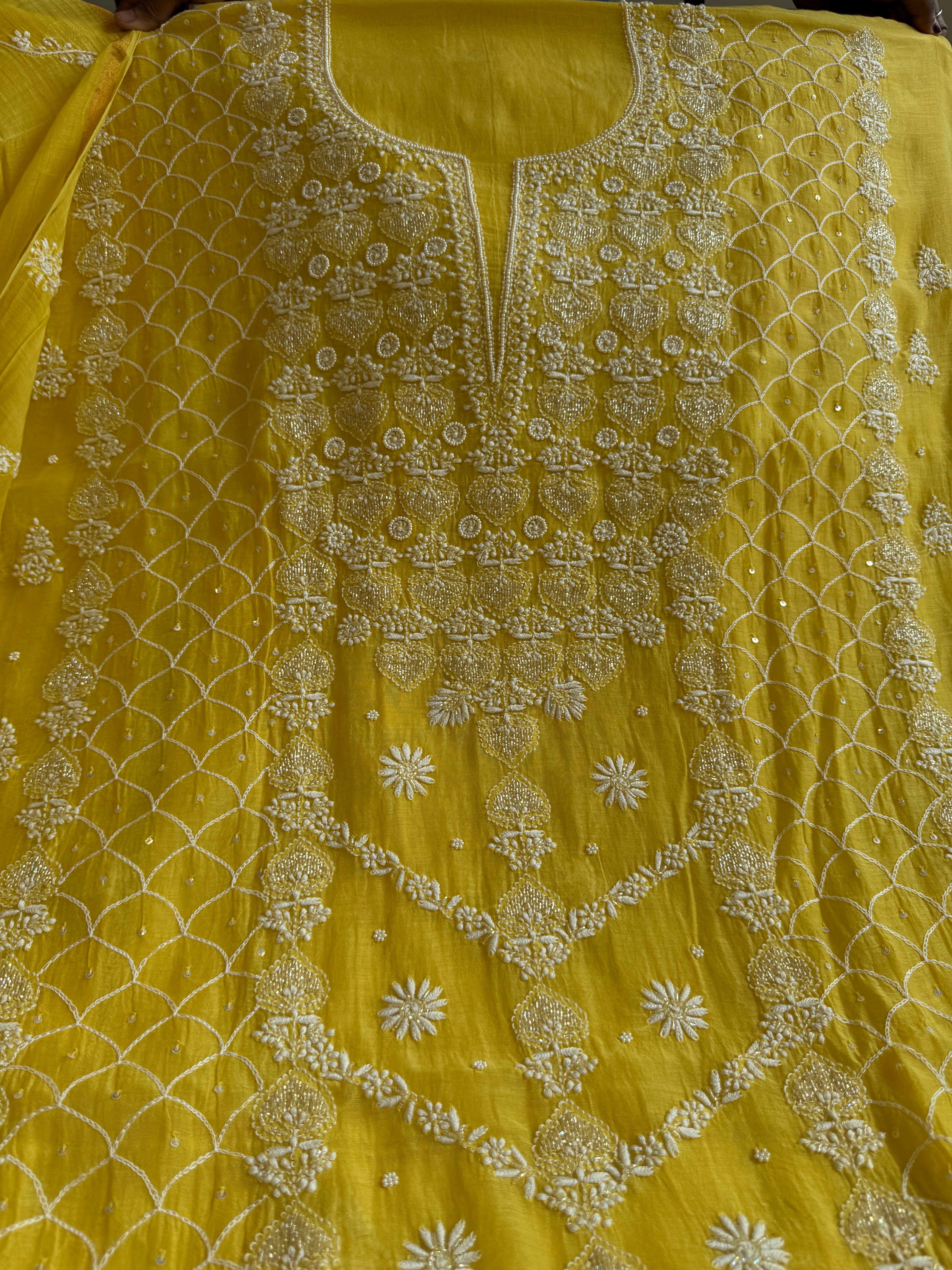 Mul Chanderi Chikankari - Heavy Unstitched Set -Yellow ARIAA CHIKANKARI 