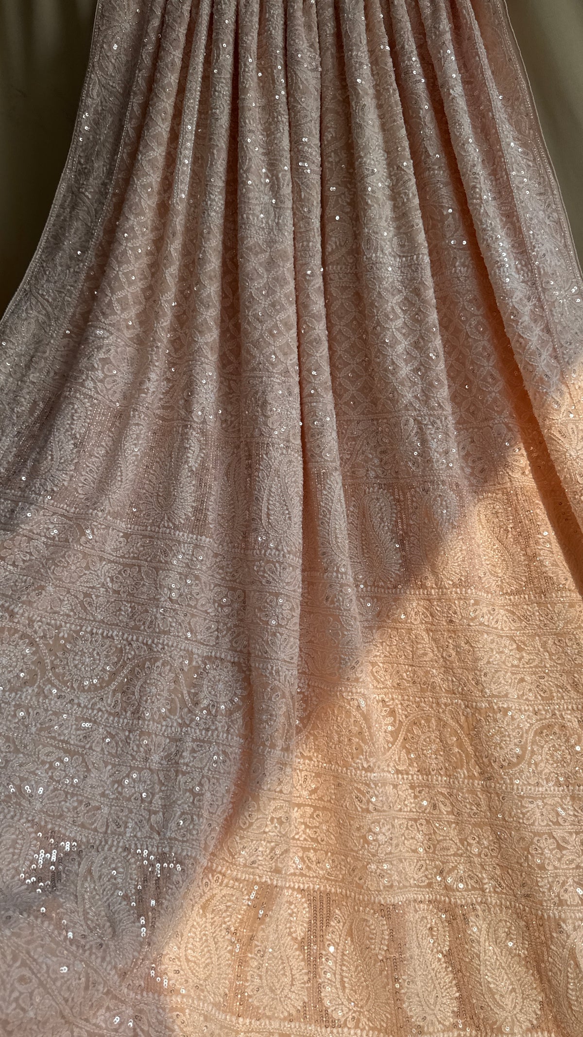Pure Georgette Lucknow Chikankari Saree - Peach- Rooh Collection