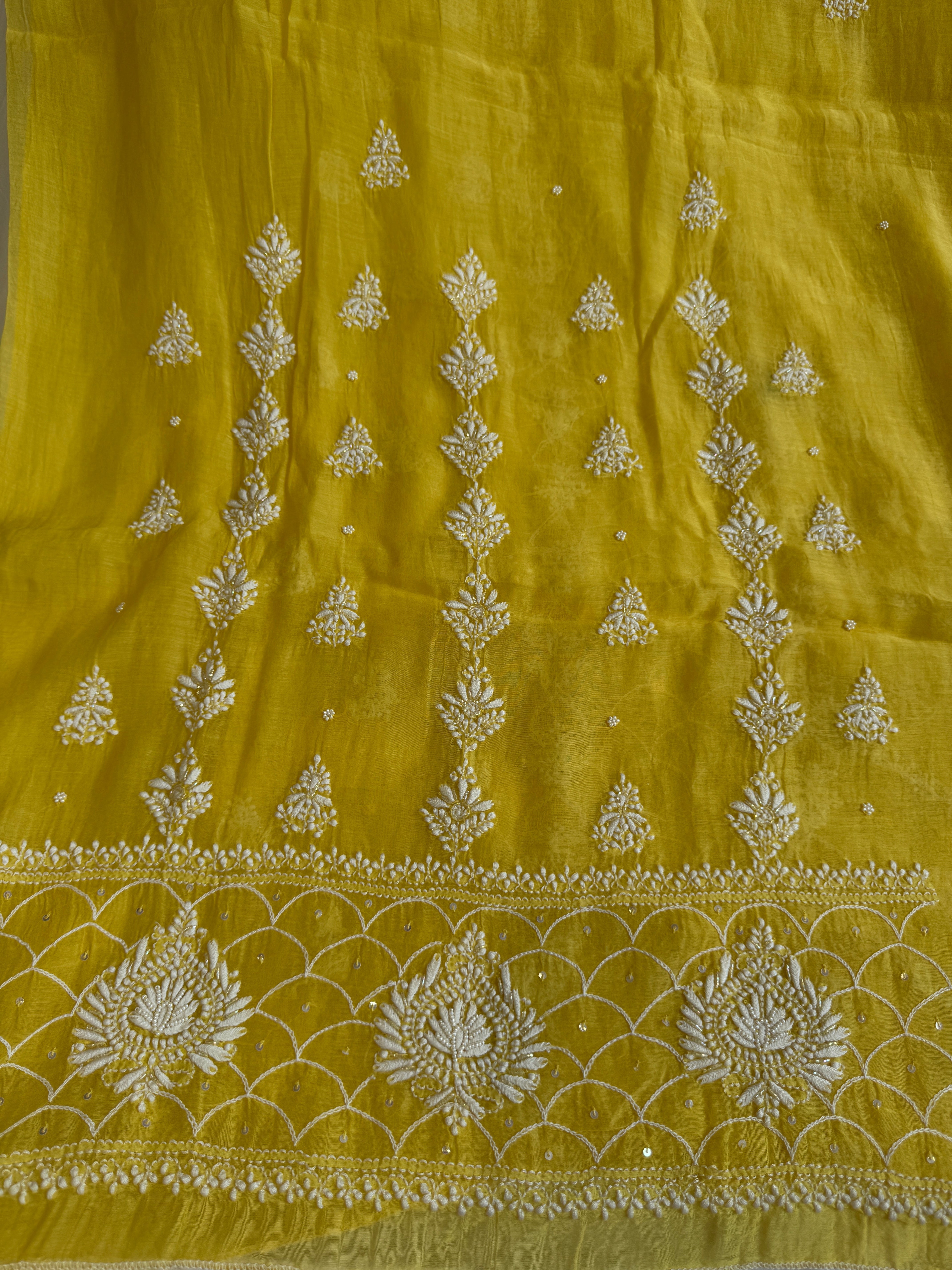 Mul Chanderi Chikankari - Heavy Unstitched Set -Yellow ARIAA CHIKANKARI 