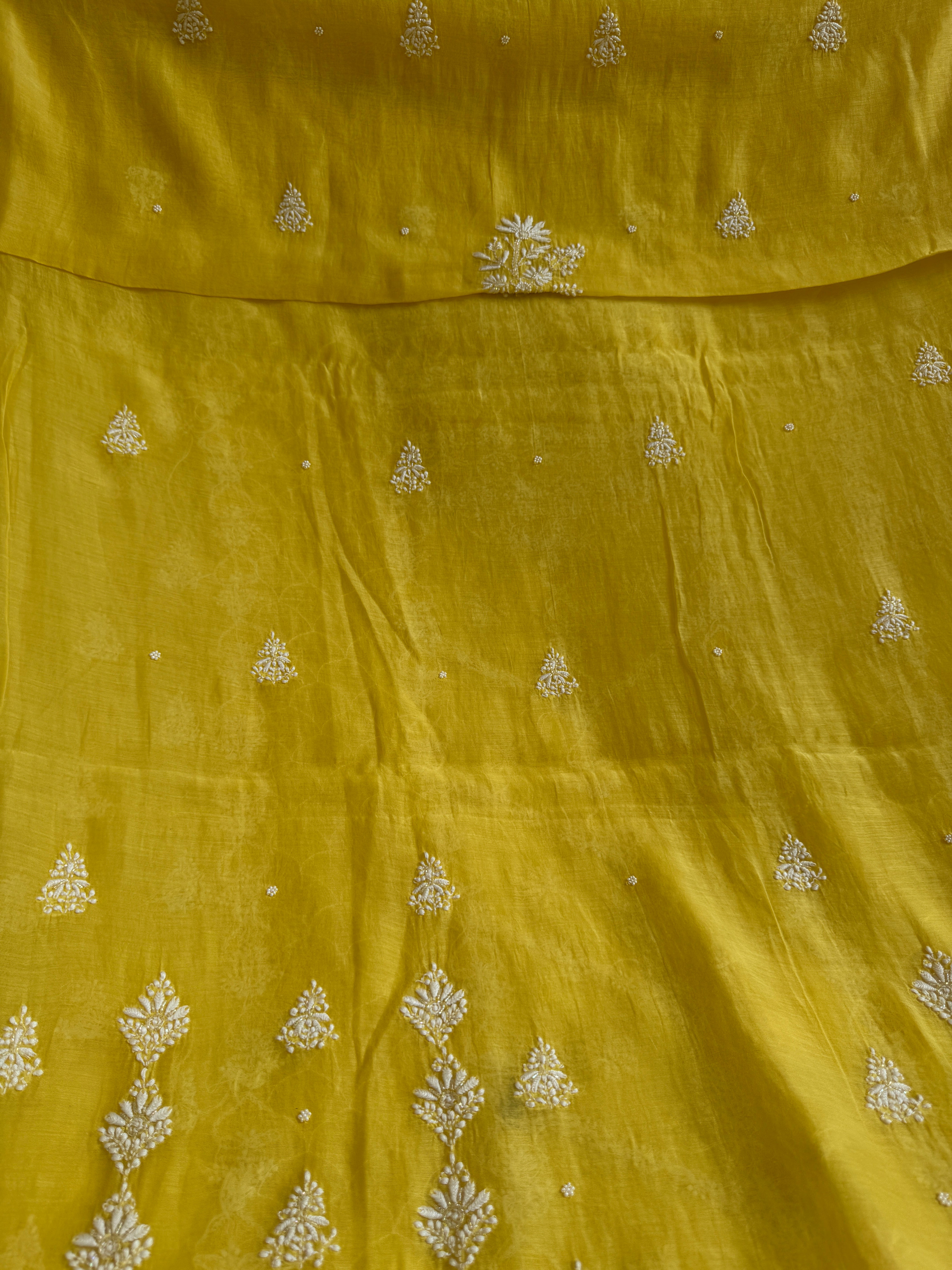 Mul Chanderi Chikankari - Heavy Unstitched Set -Yellow ARIAA CHIKANKARI 