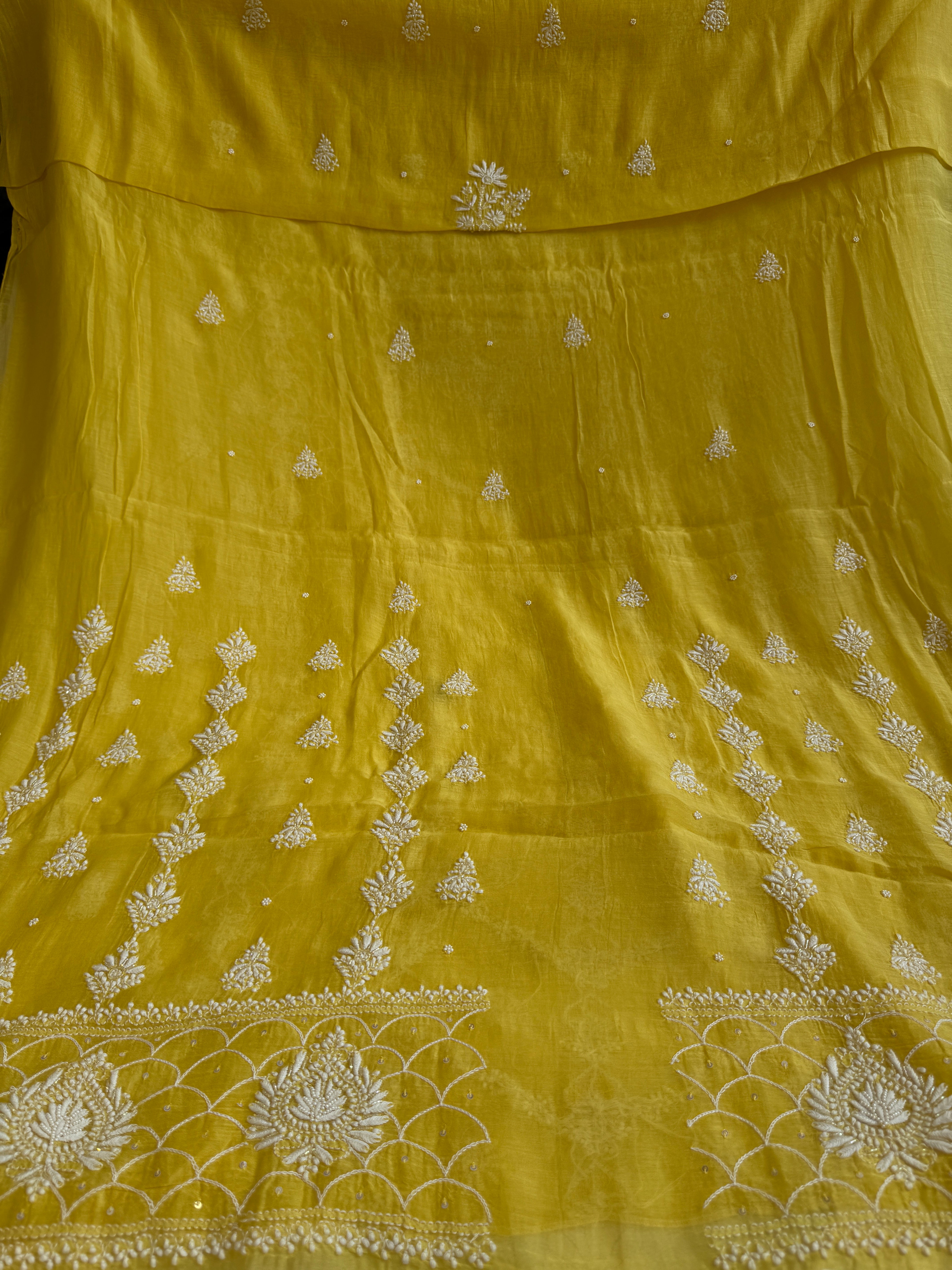 Mul Chanderi Chikankari - Heavy Unstitched Set -Yellow ARIAA CHIKANKARI 