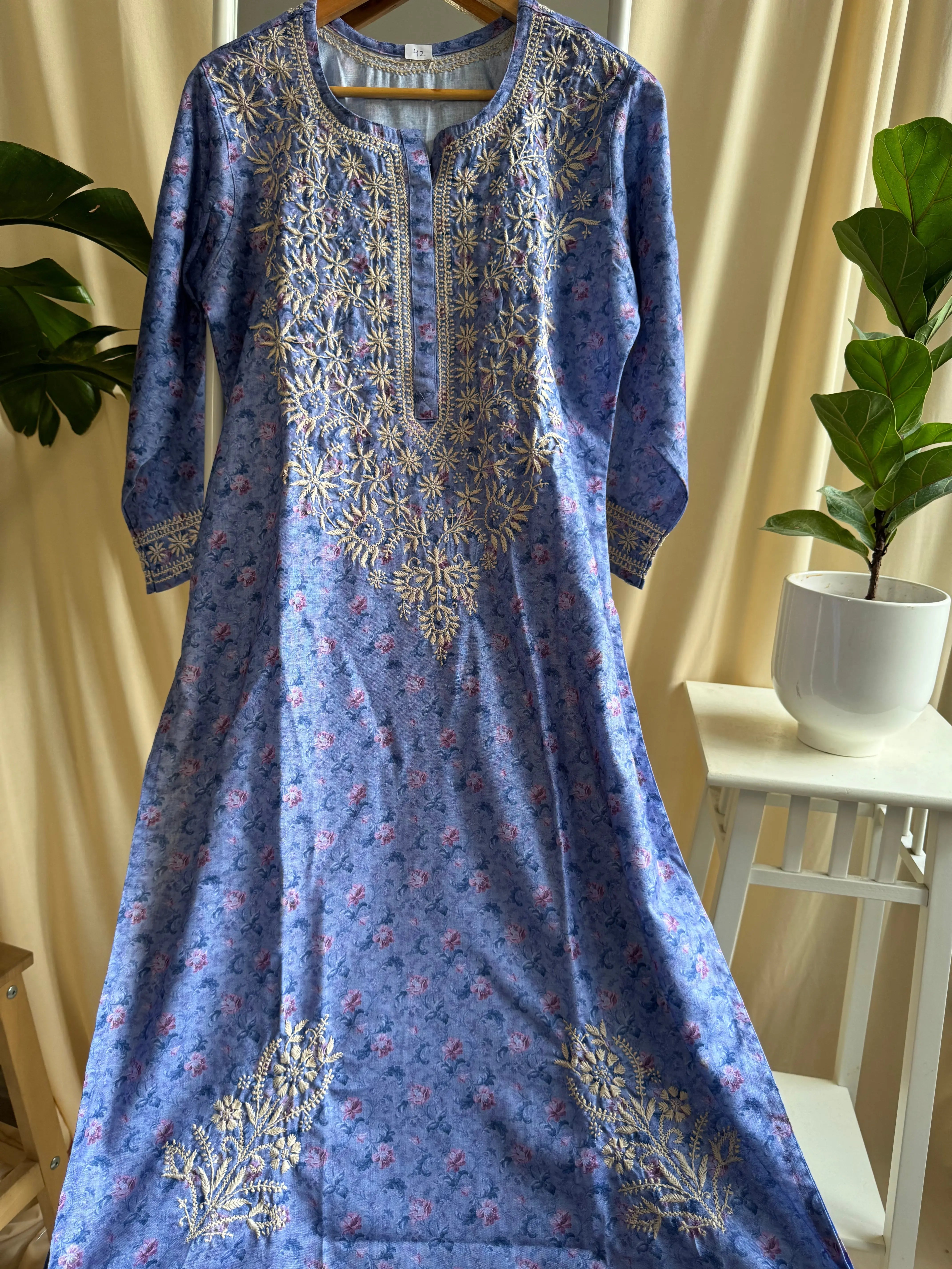 Cotton Printed Chikankari Kurti - Blue ARIAA CHIKANKARI 