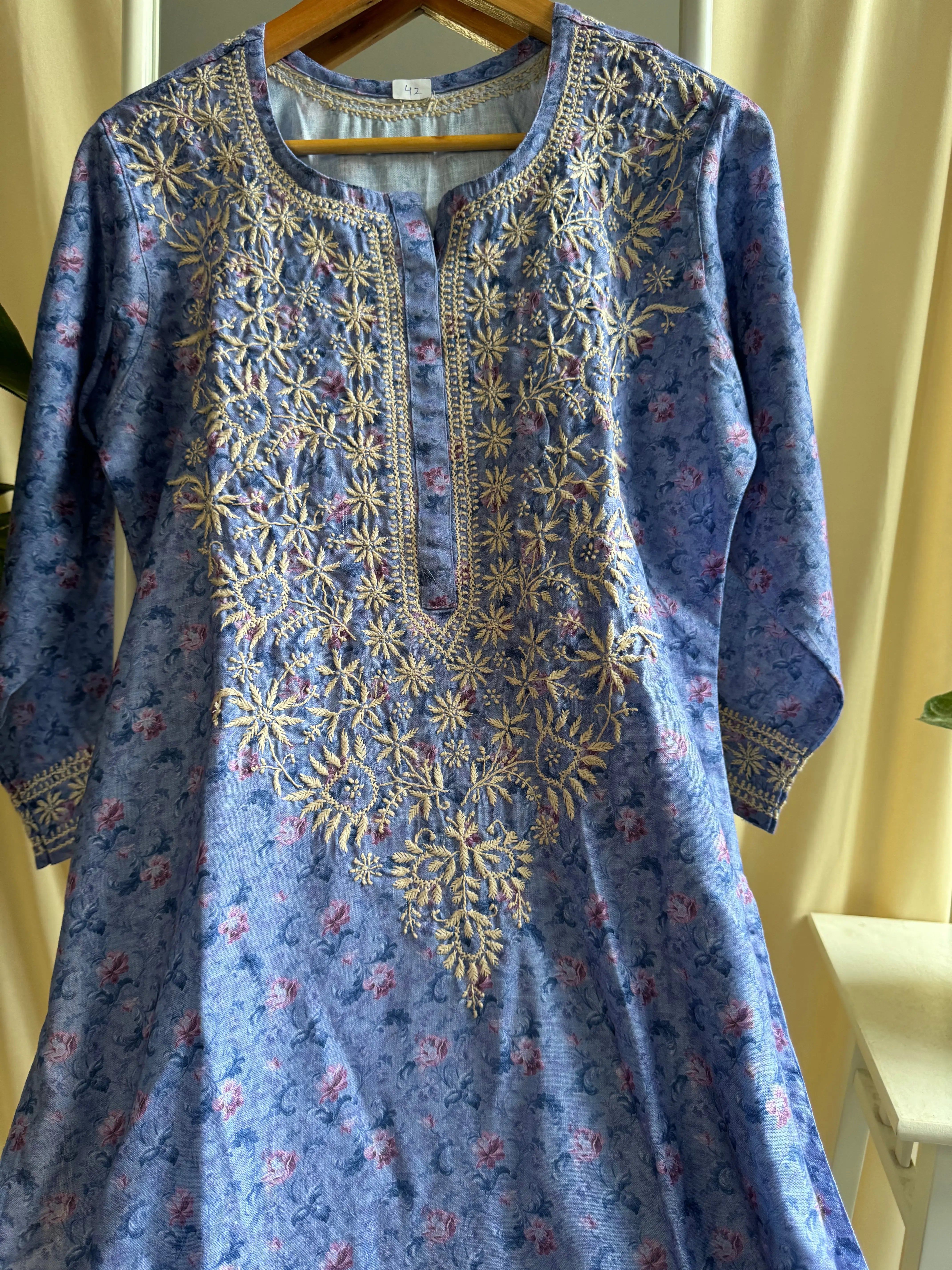 Cotton Printed Chikankari Kurti - Blue ARIAA CHIKANKARI 