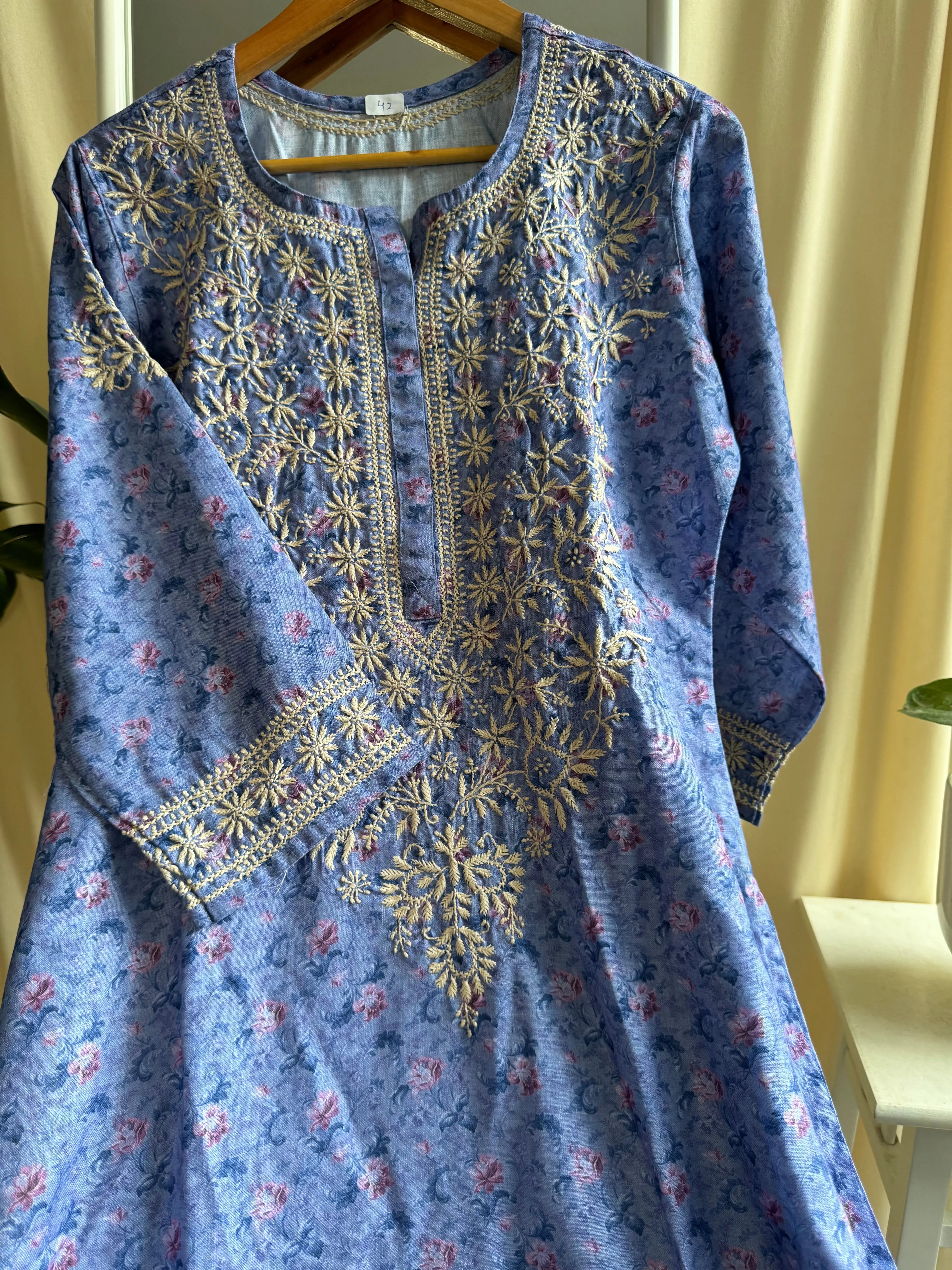 Cotton Printed Chikankari Kurti - Blue ARIAA CHIKANKARI 