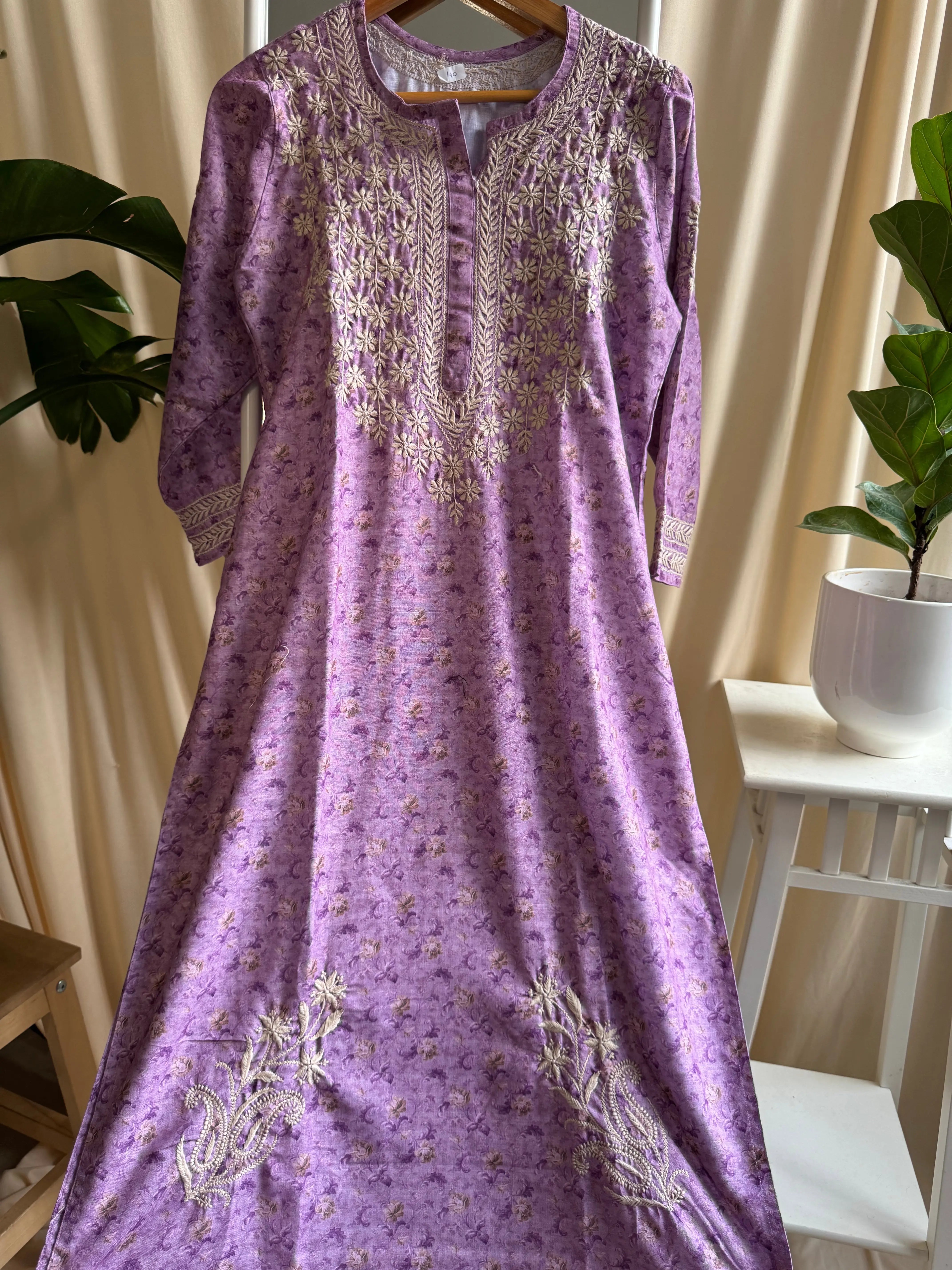 Cotton Printed Chikankari Kurti - Lilac ARIAA CHIKANKARI 