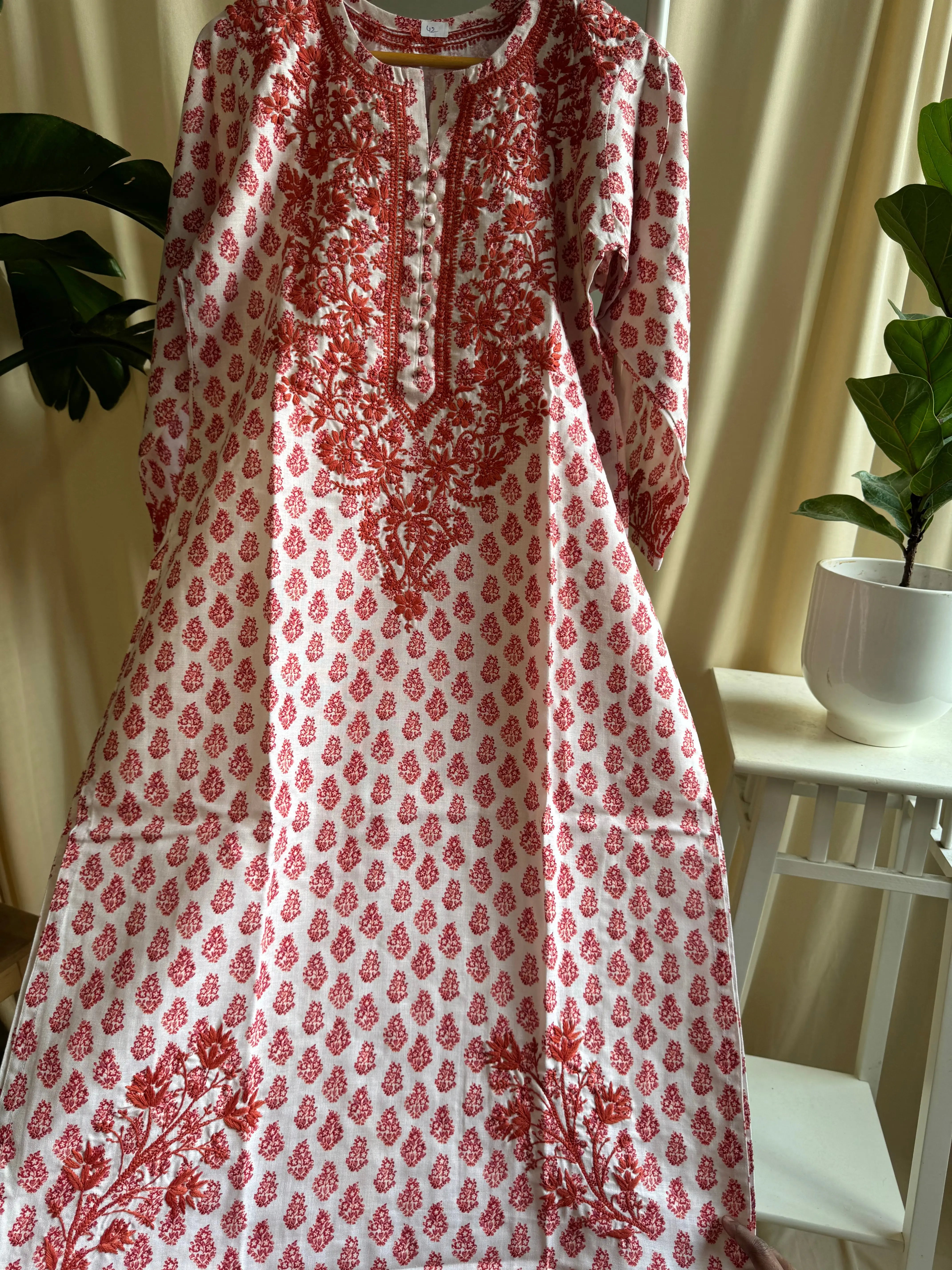 Cotton Printed Chikankari Kurti - Red ARIAA CHIKANKARI 