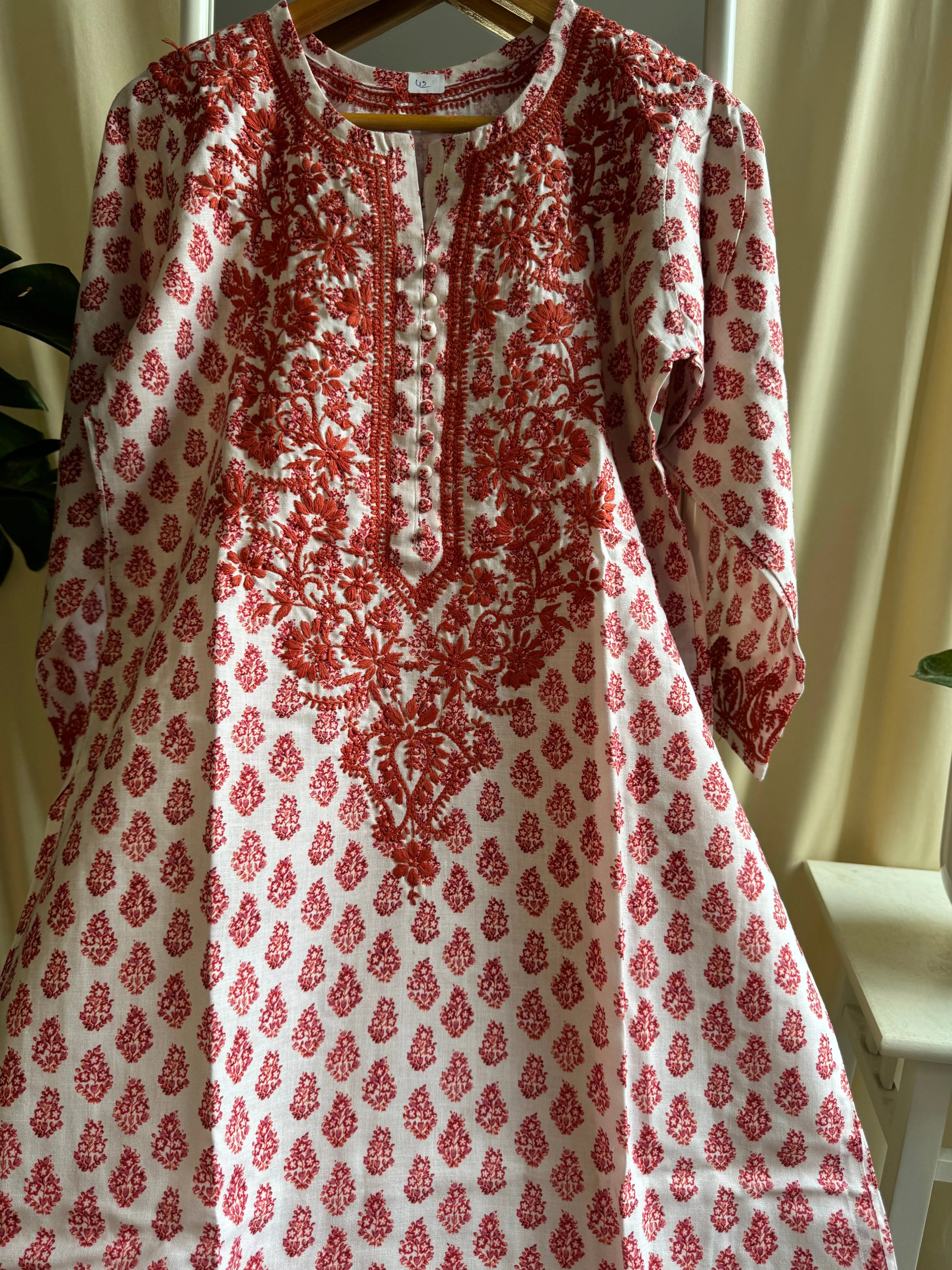 Cotton Printed Chikankari Kurti - Red ARIAA CHIKANKARI 