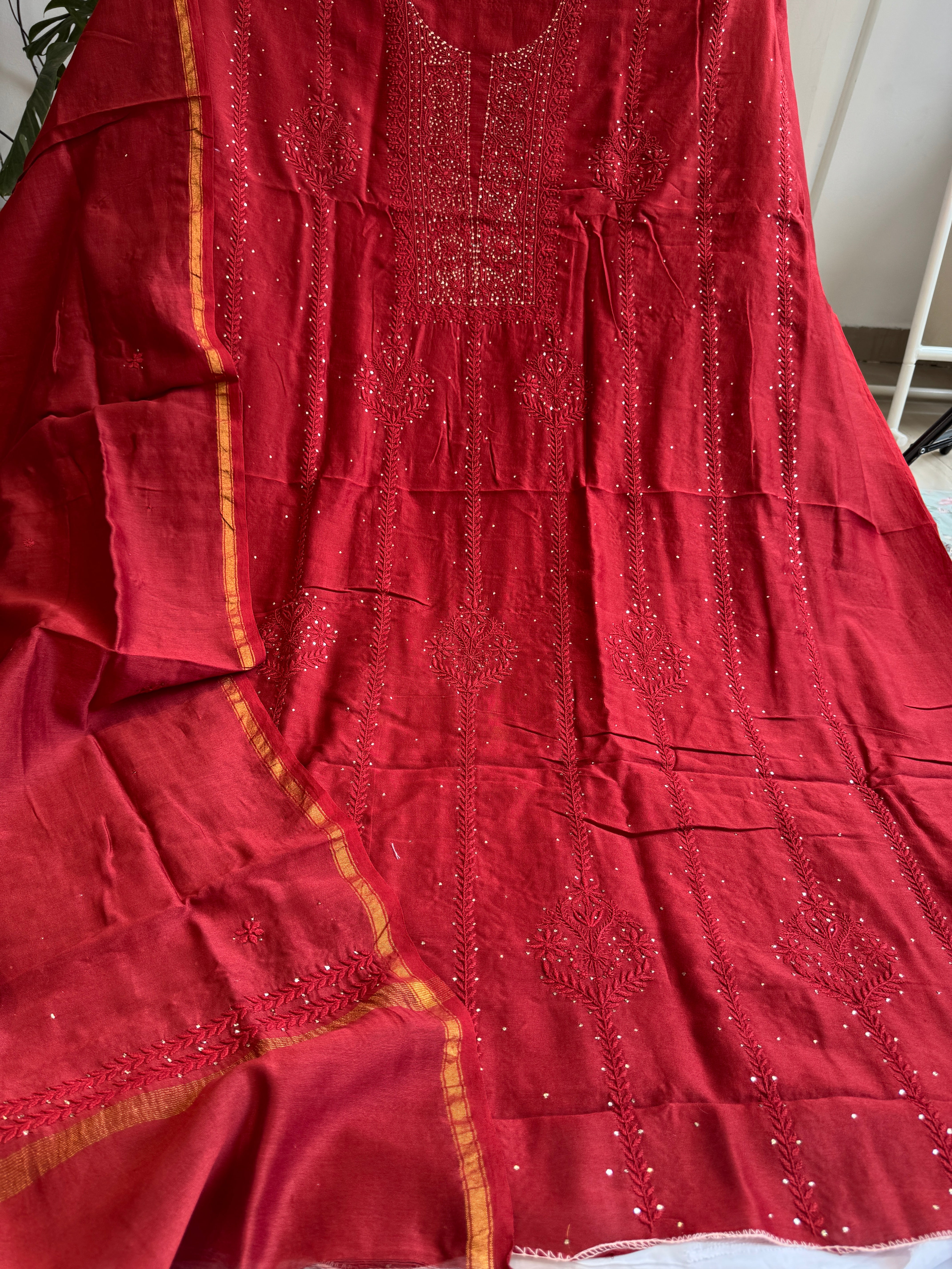 Chanderi Length Mukaish with Dupatta - Red