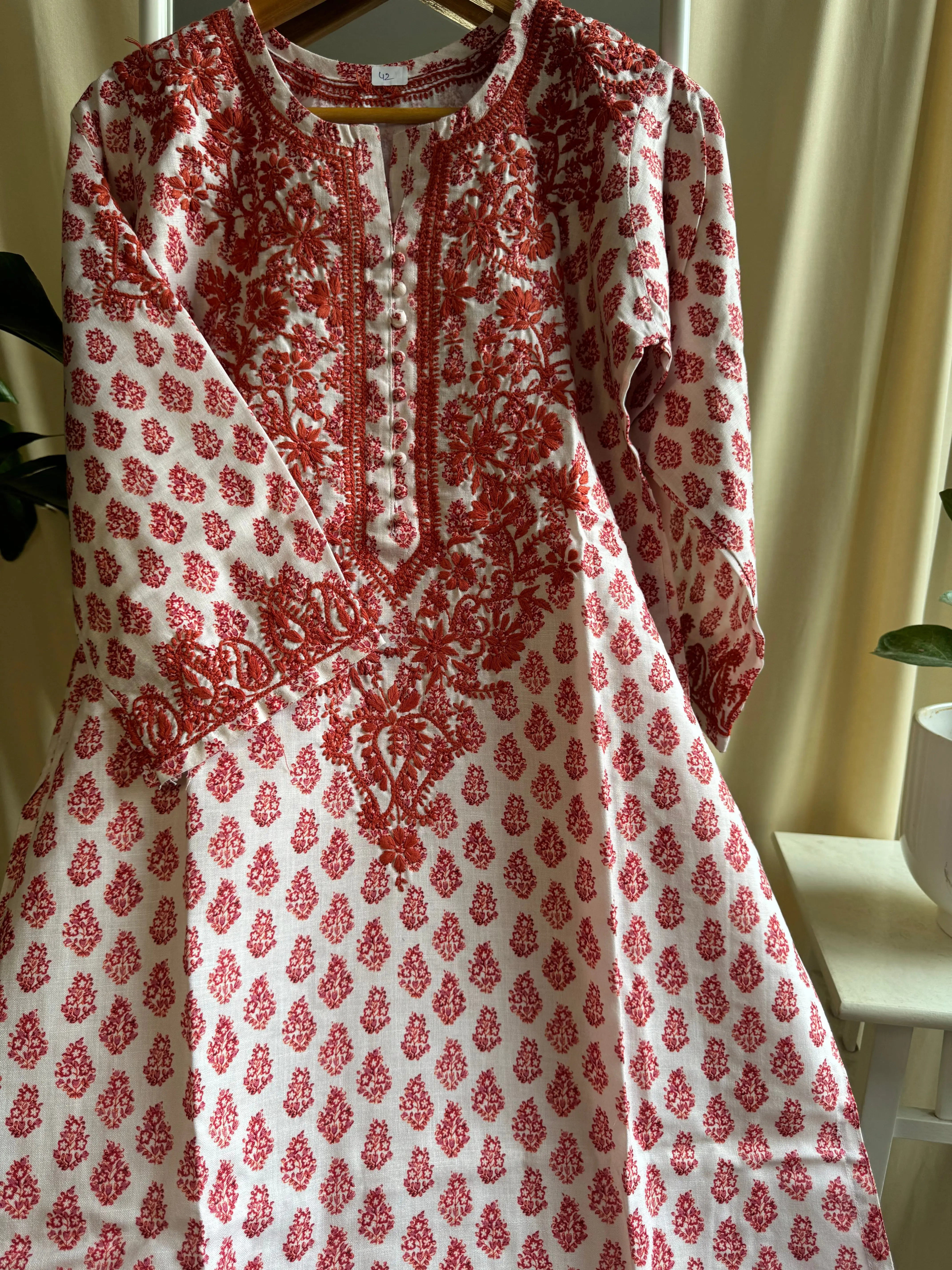 Cotton Printed Chikankari Kurti - Red ARIAA CHIKANKARI 