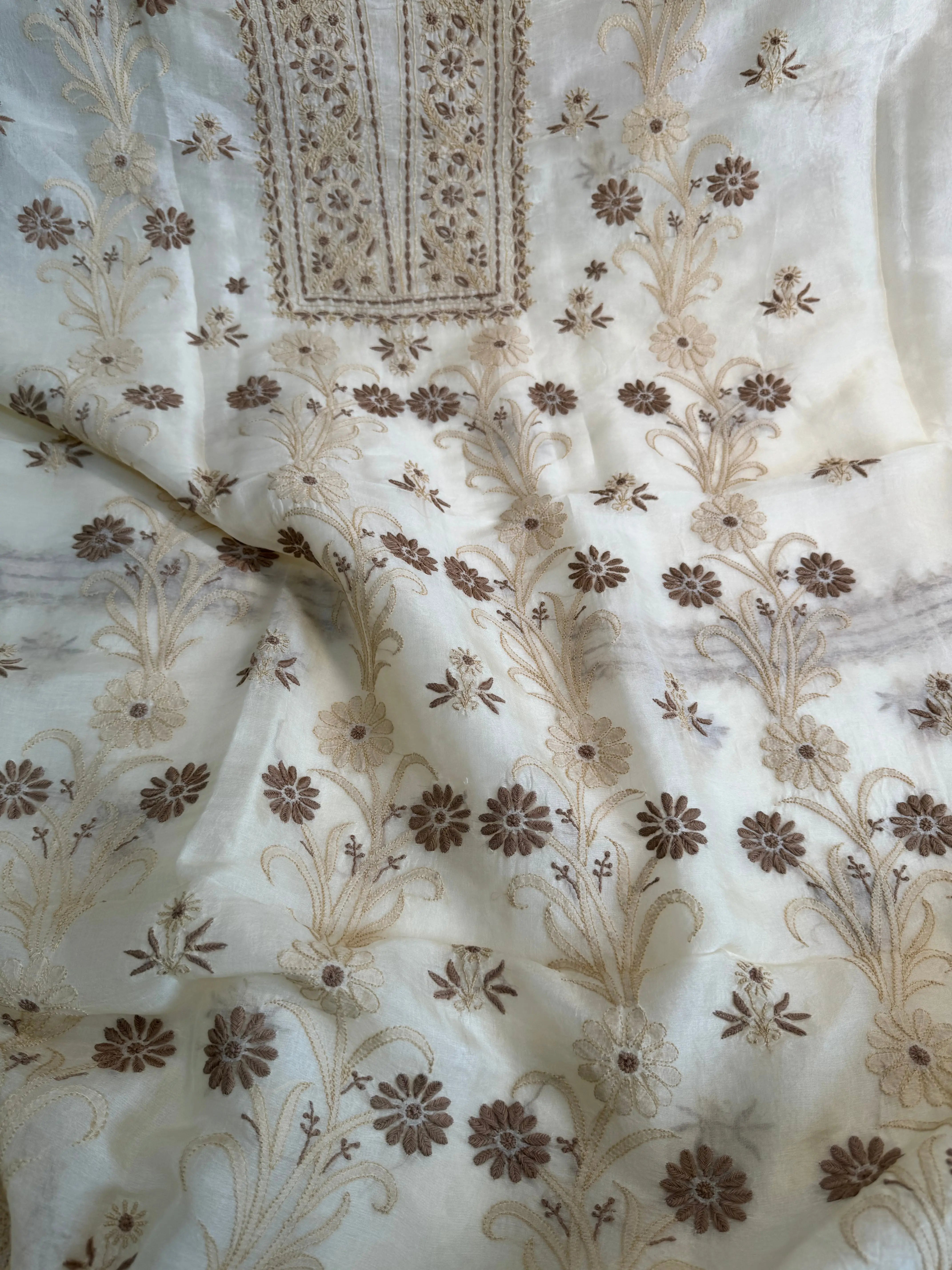 Organza Length with Dupatta - Beige ARIAA CHIKANKARI 