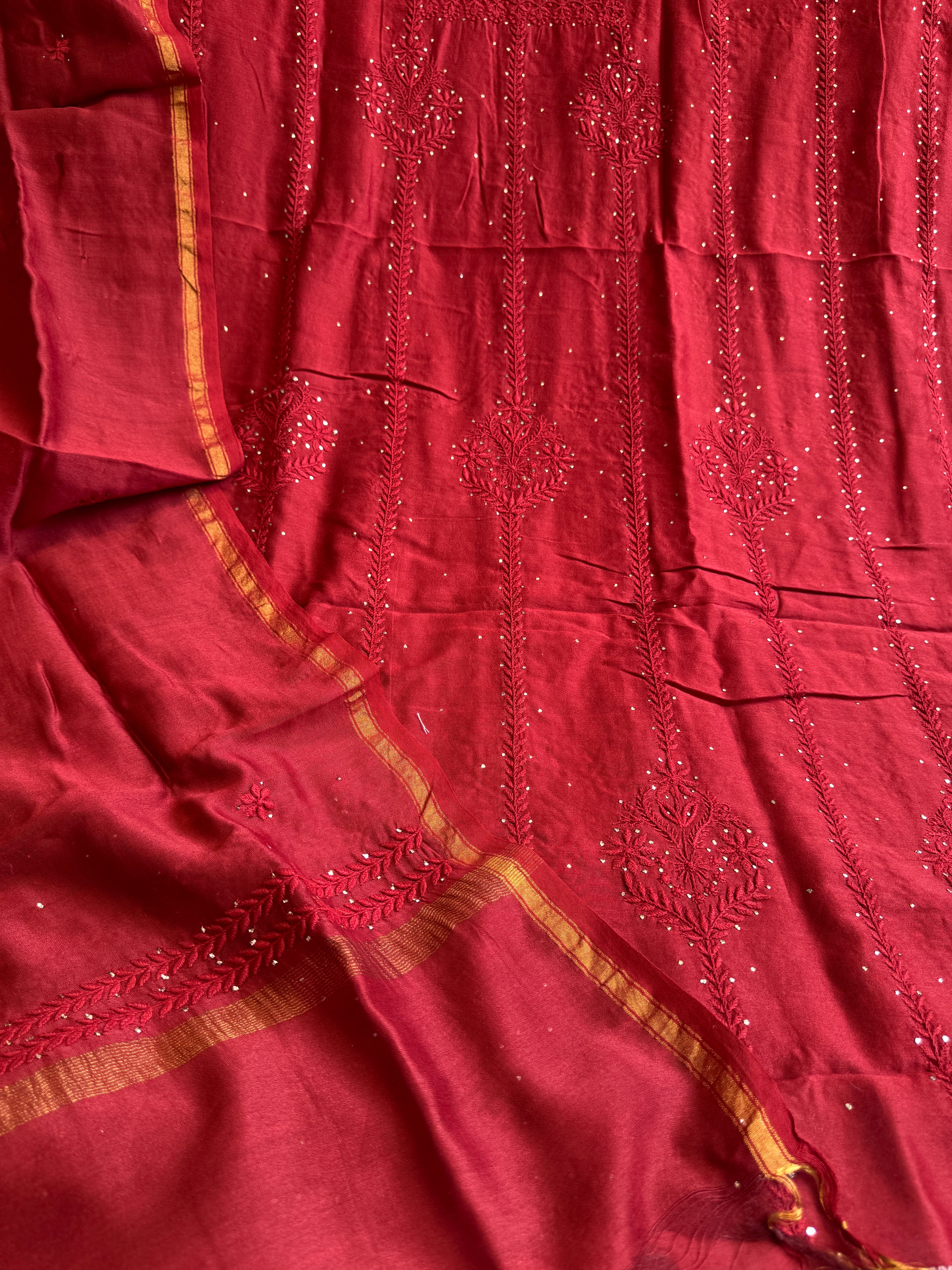 Chanderi Length Mukaish with Dupatta - Red