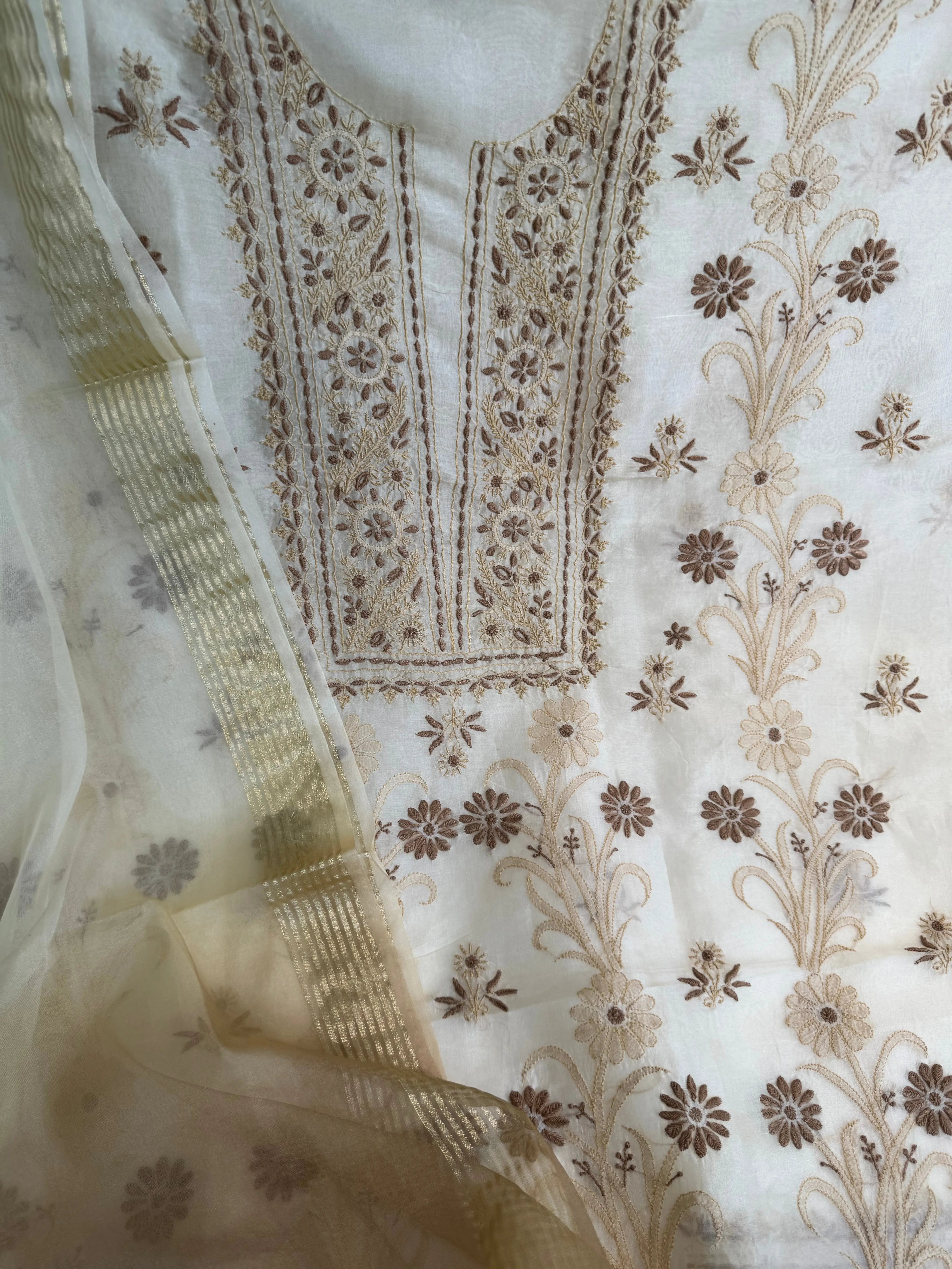 Organza Length with Dupatta - Beige ARIAA CHIKANKARI 