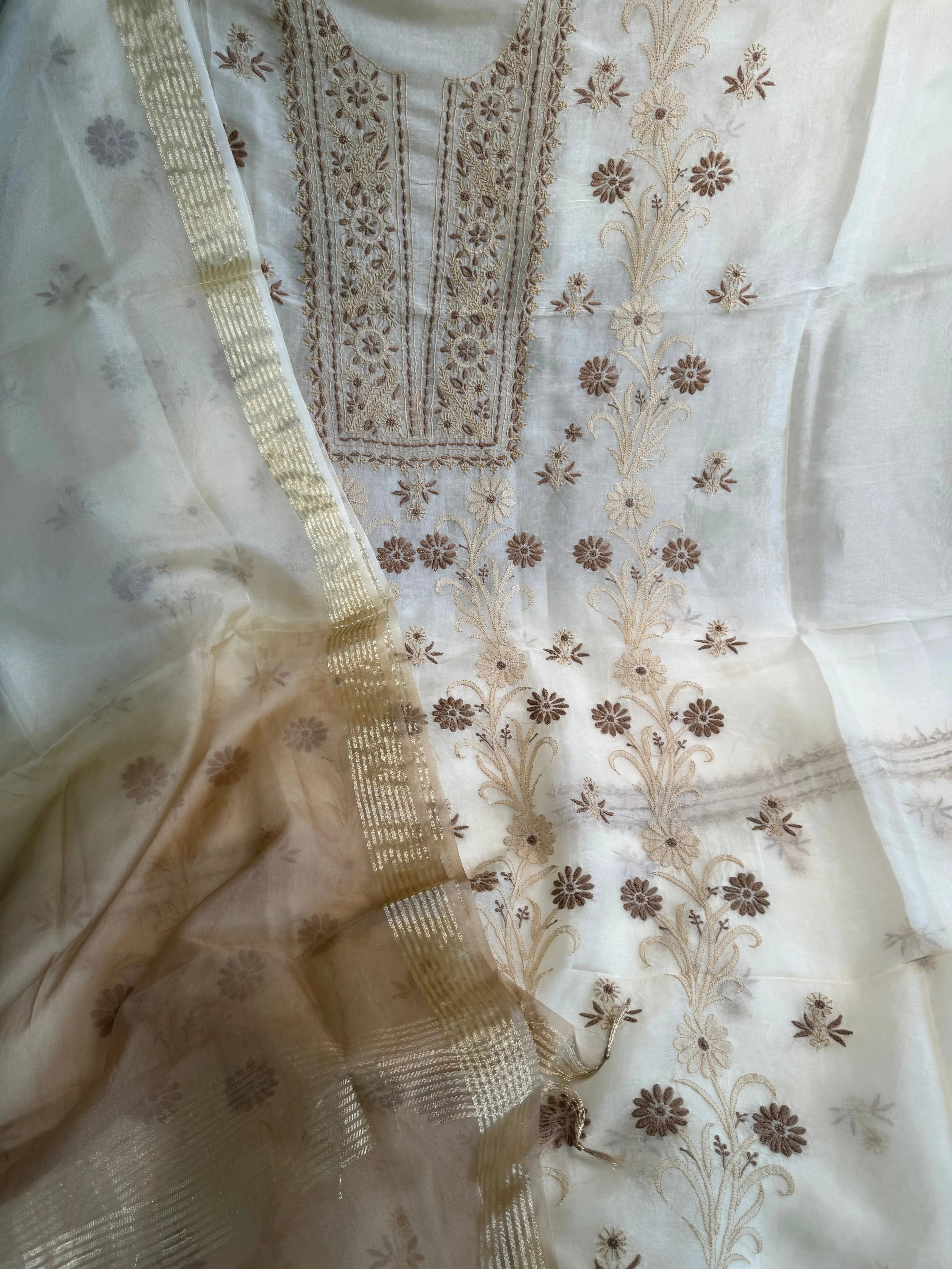 Organza Length with Dupatta - Beige ARIAA CHIKANKARI 