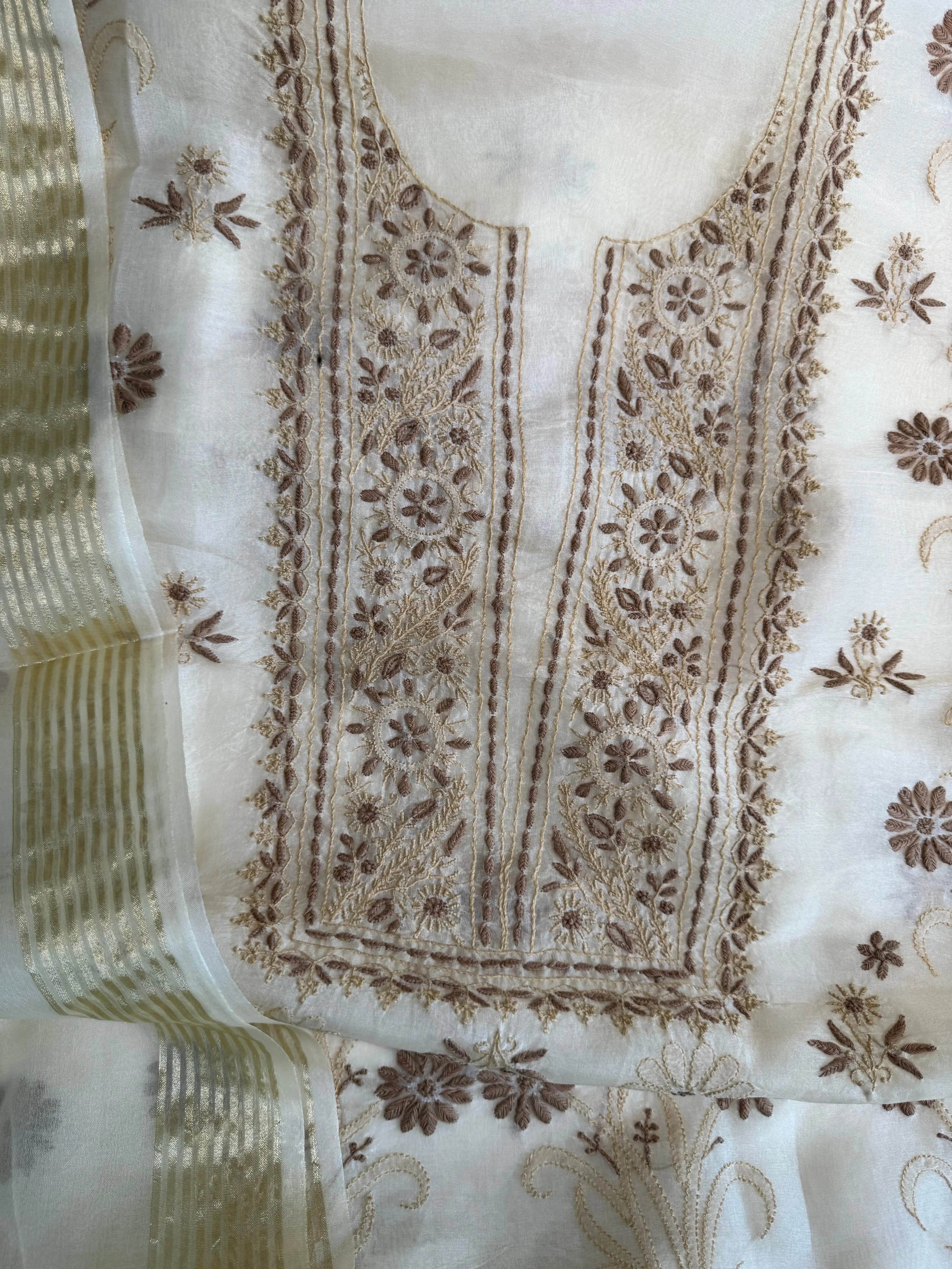 Organza Length with Dupatta - Beige ARIAA CHIKANKARI 