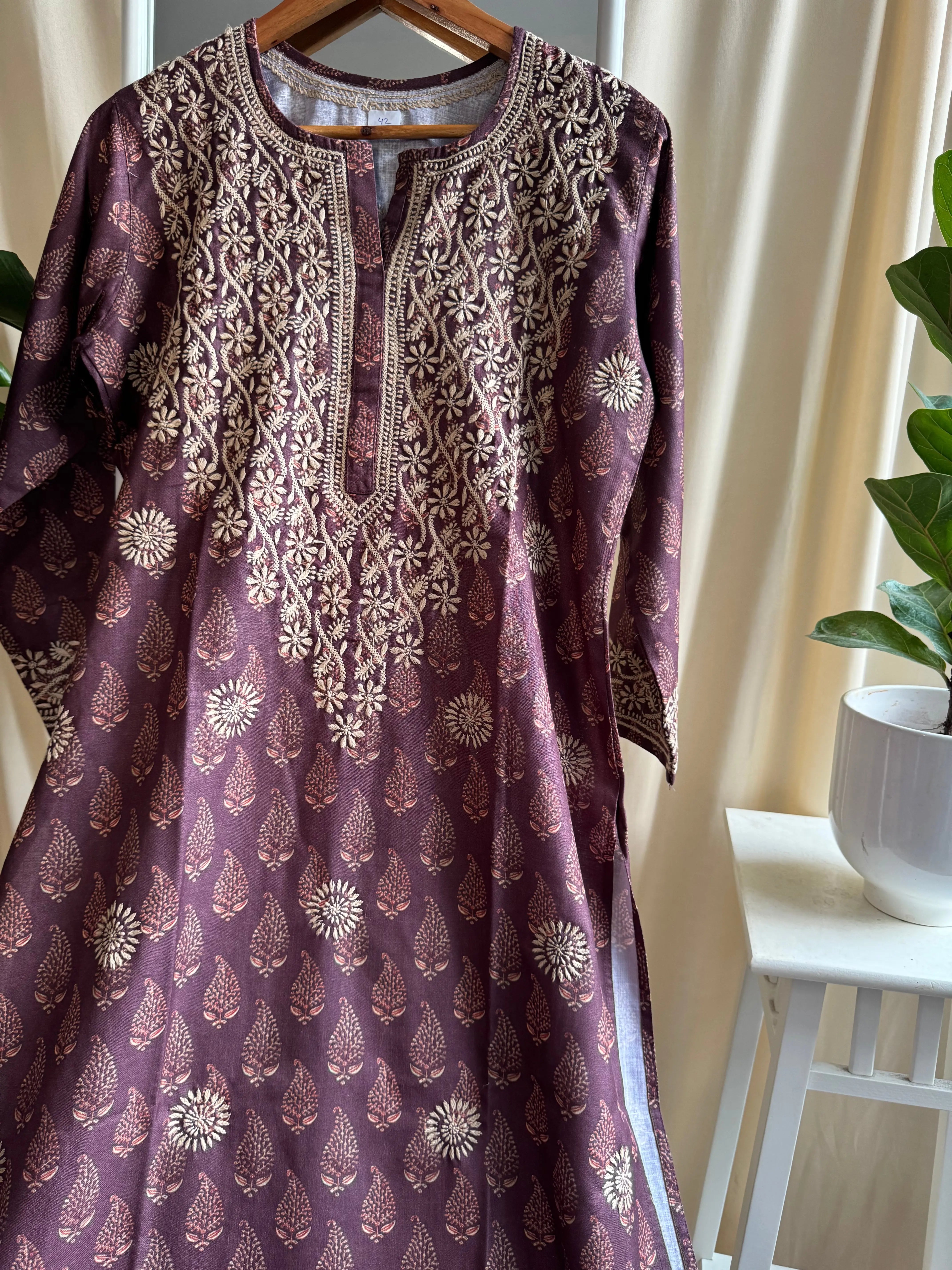 Cotton Printed Chikankari Kurti - Mauve ARIAA CHIKANKARI 