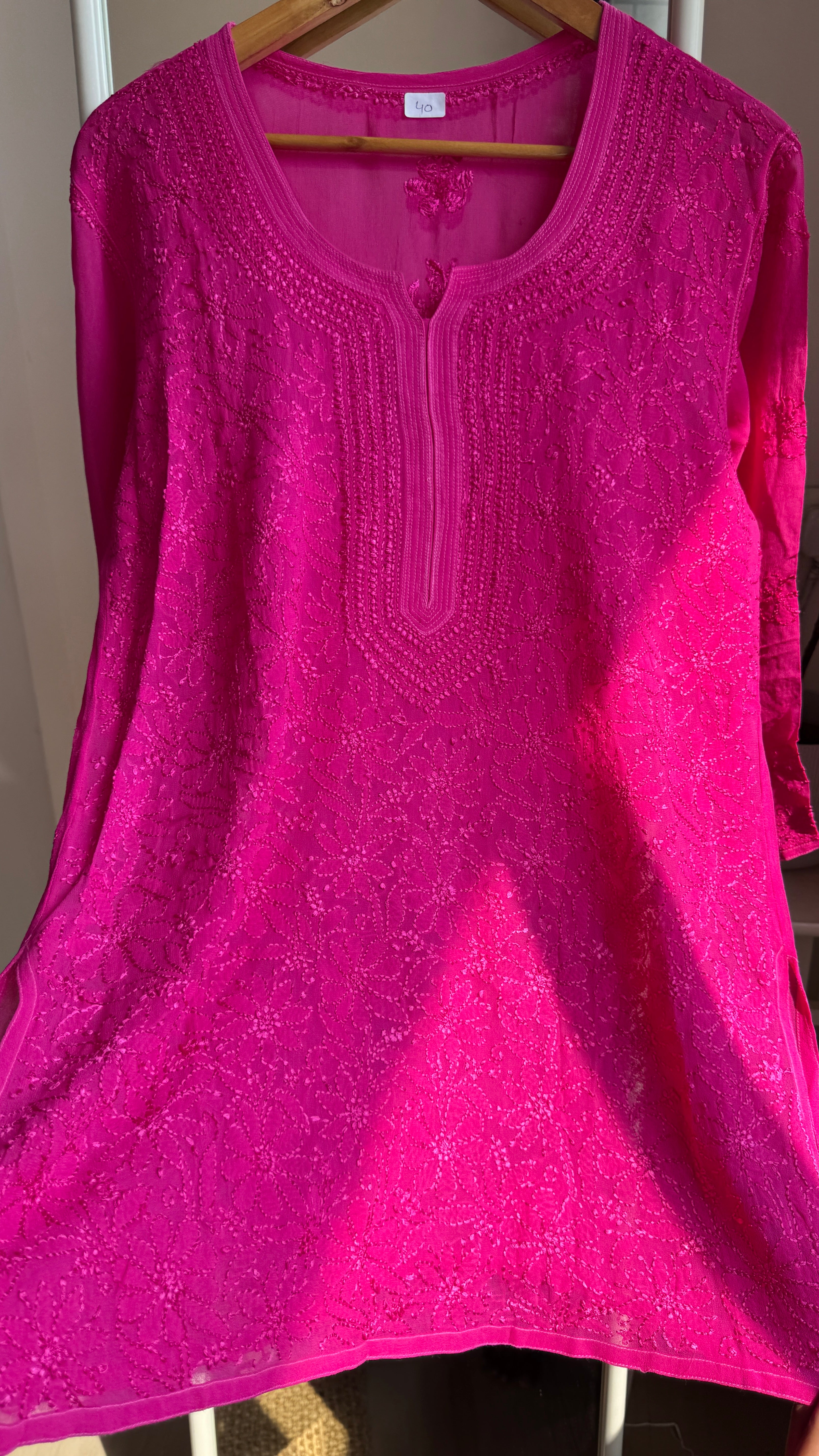 Chikankari Viscose Georgette short Top in Hot Pink