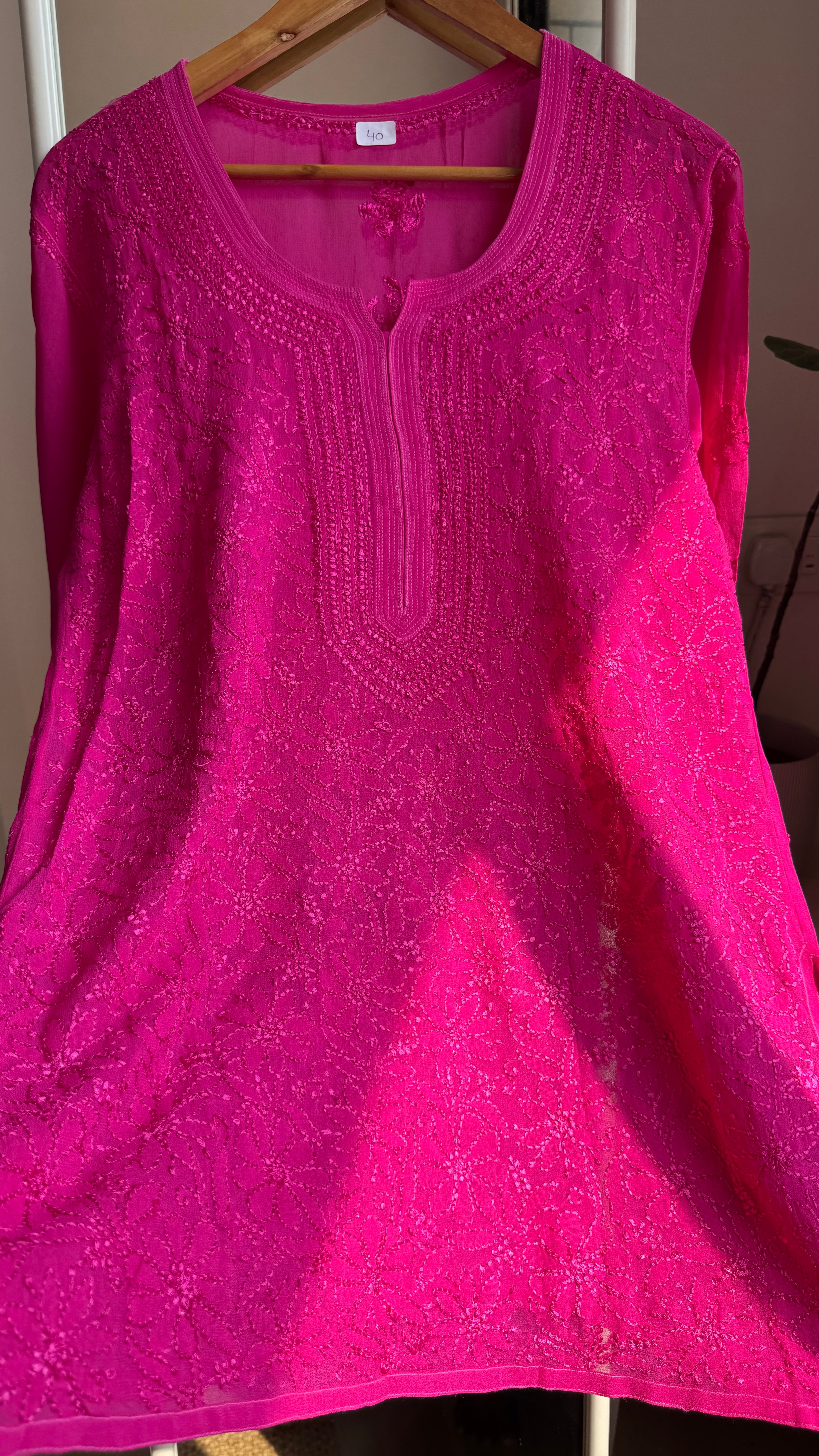 Chikankari Viscose Georgette short Top in Hot Pink