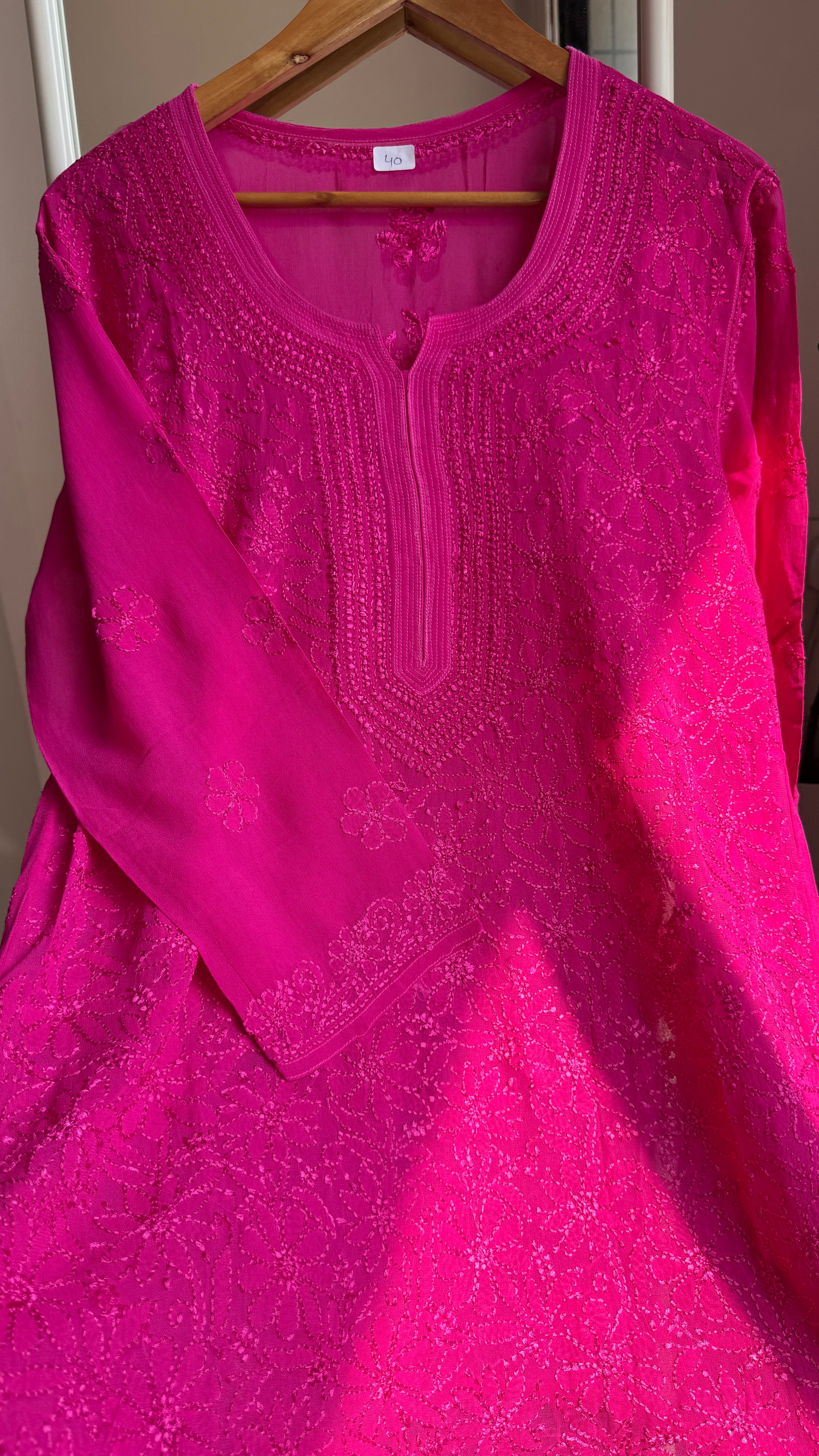Chikankari Viscose Georgette short Top in Hot Pink