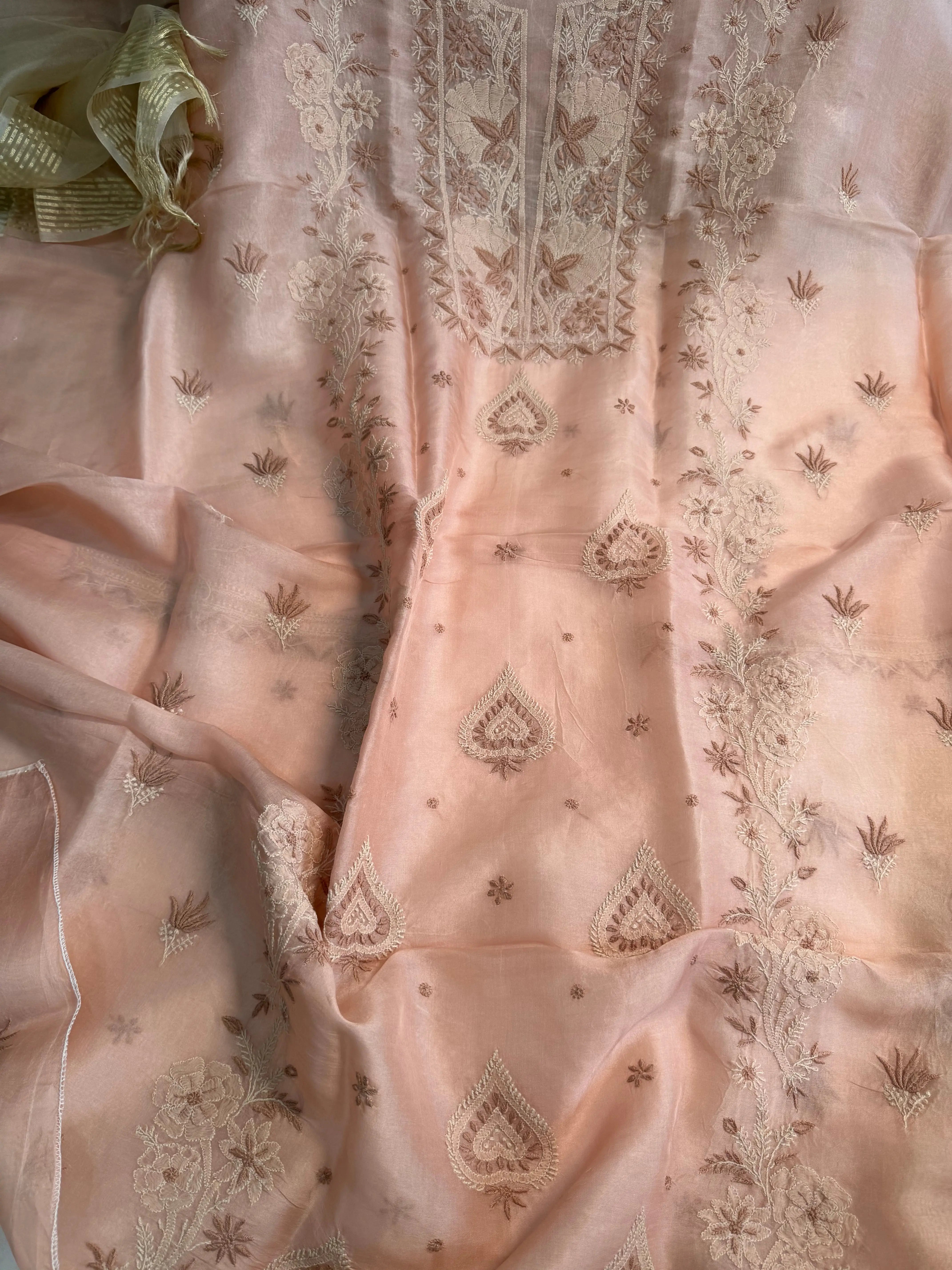 Organza Length with Dupatta -Peach Beige ARIAA CHIKANKARI 