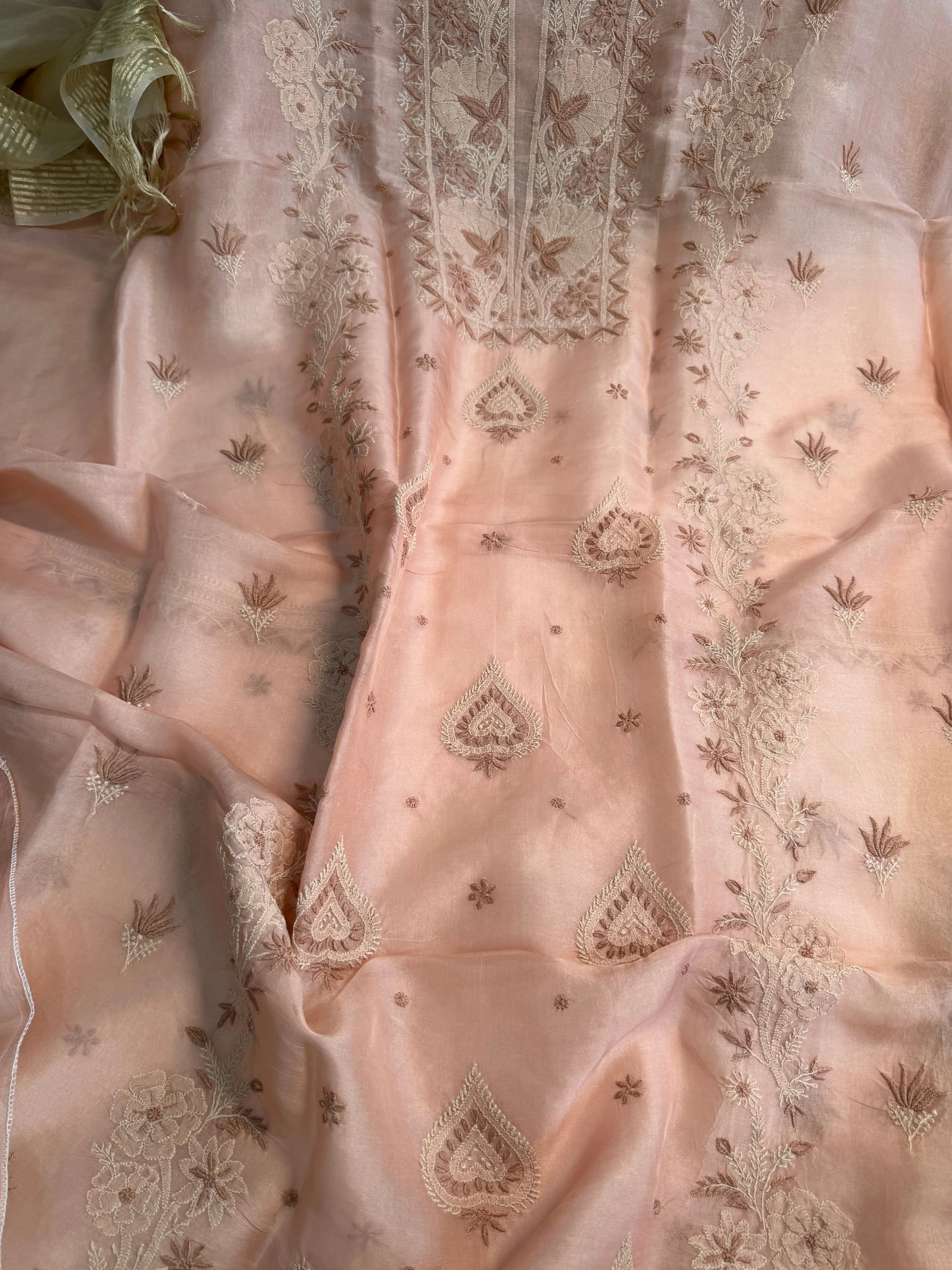 Organza Length with Dupatta -Peach Beige ARIAA CHIKANKARI 