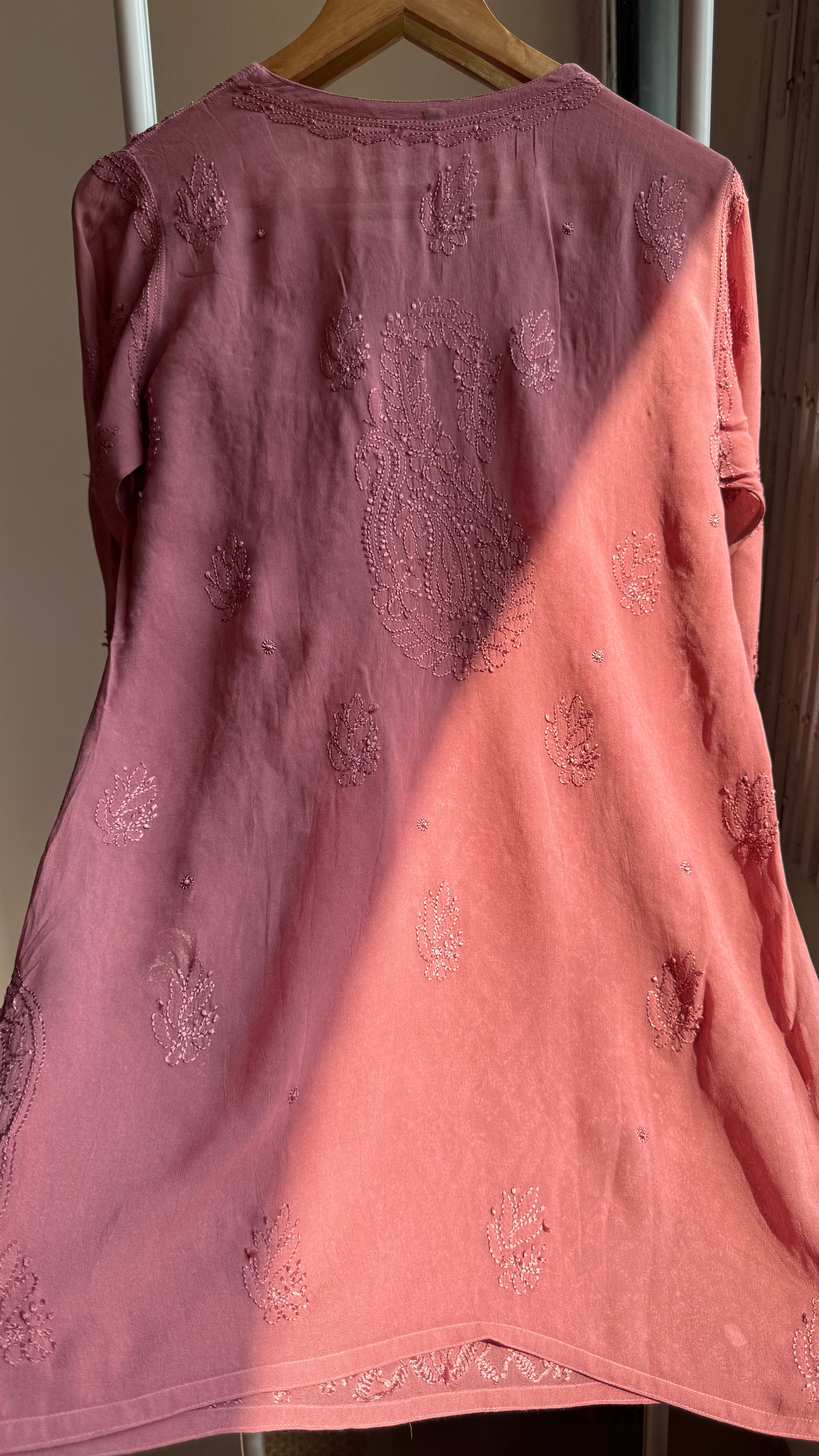 Chikankari Viscose Georgette short Top in Rosewood