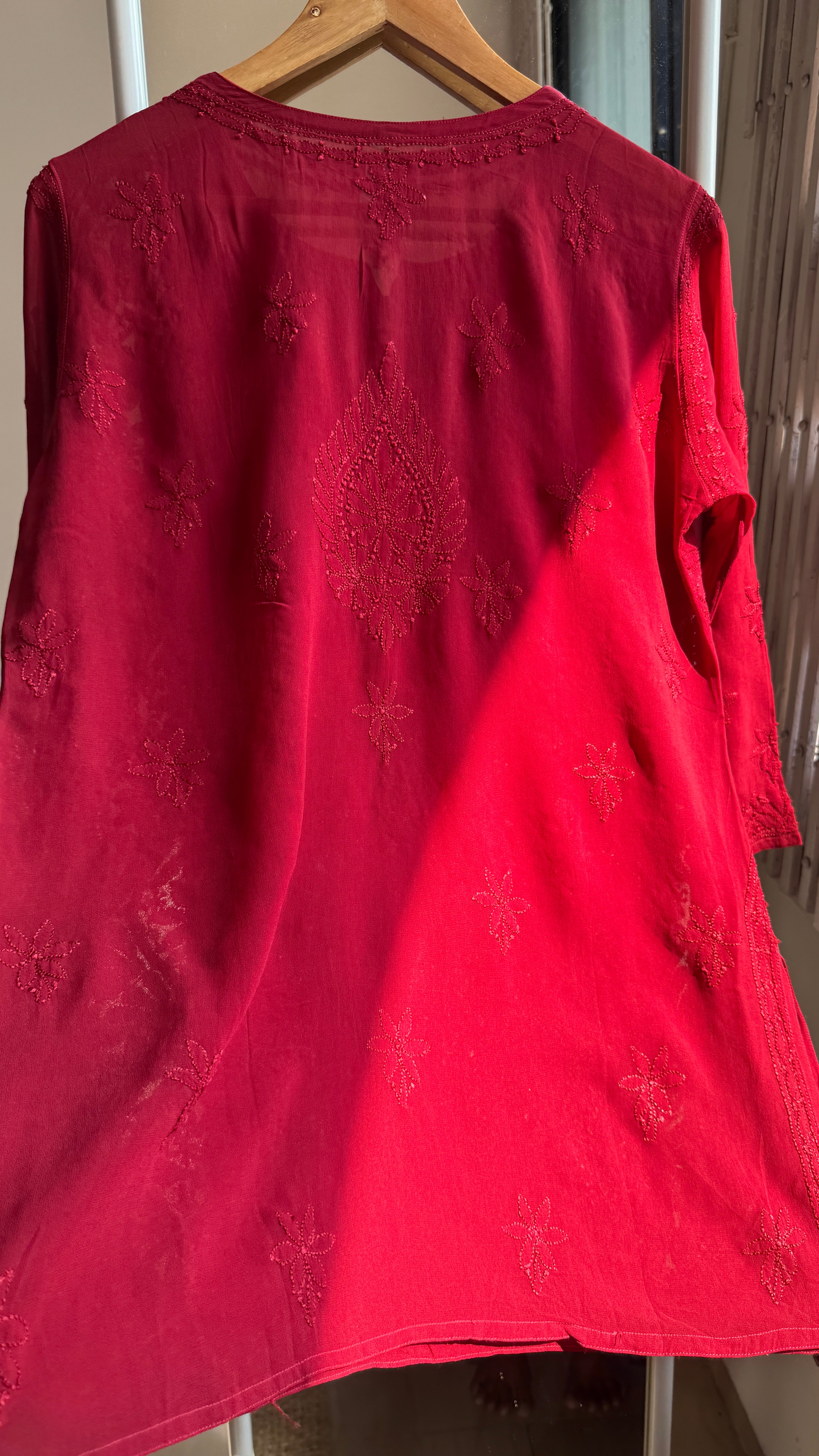 Chikankari Viscose Georgette short Top in Maroon
