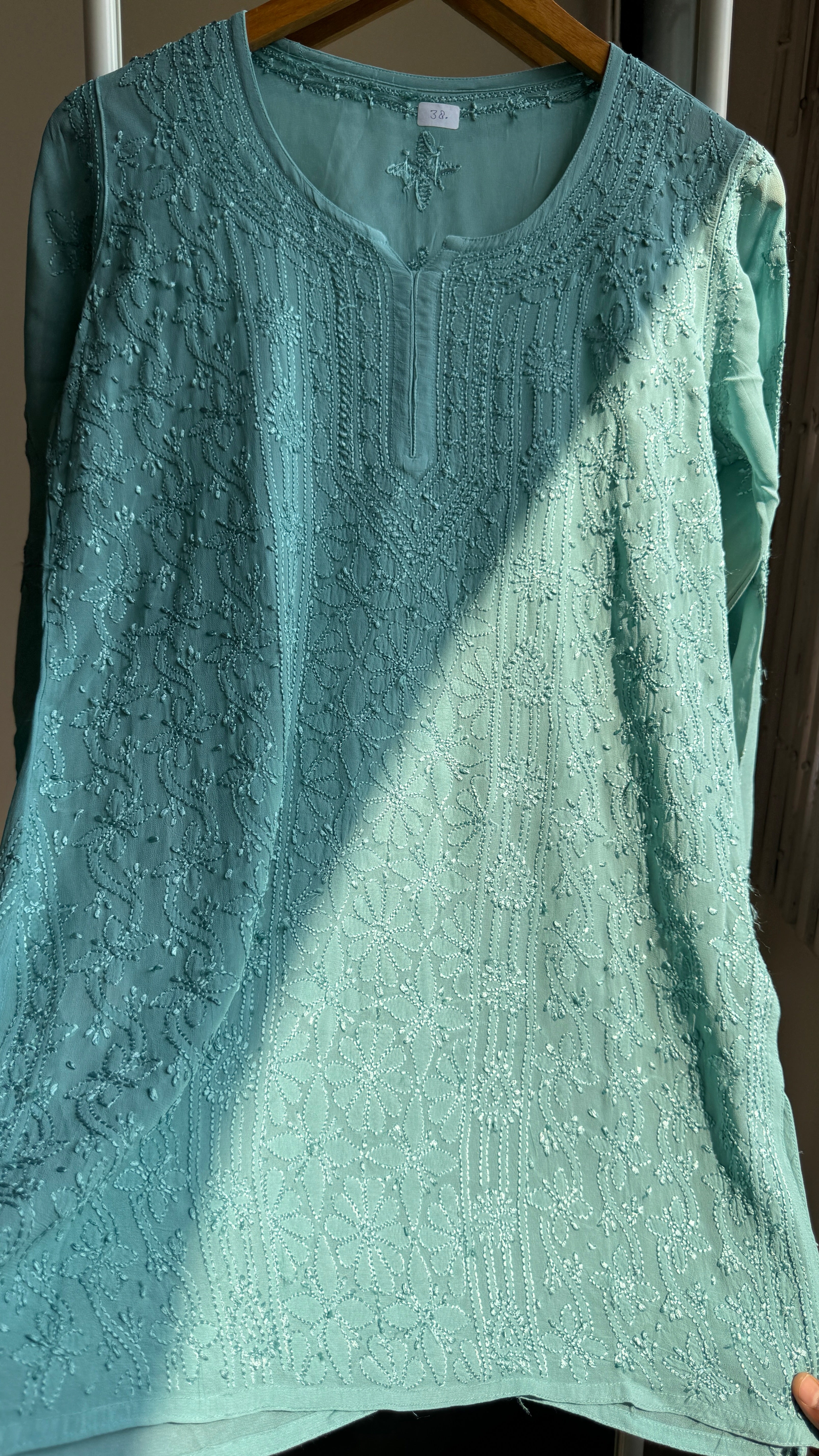 Chikankari Viscose Georgette short Top in Tiffany