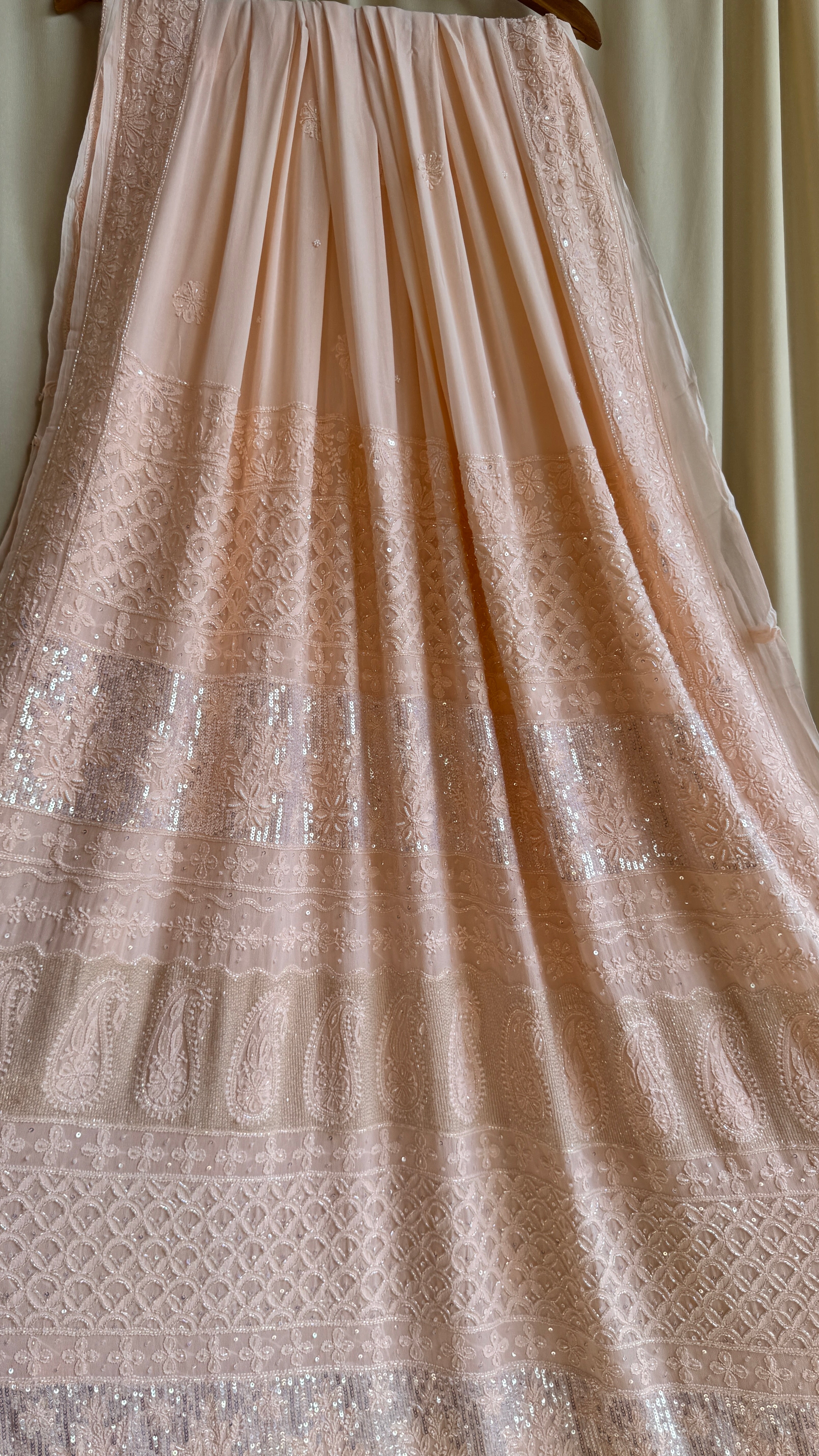 Viscose Peach Chikankari saree with Pearl embellishments