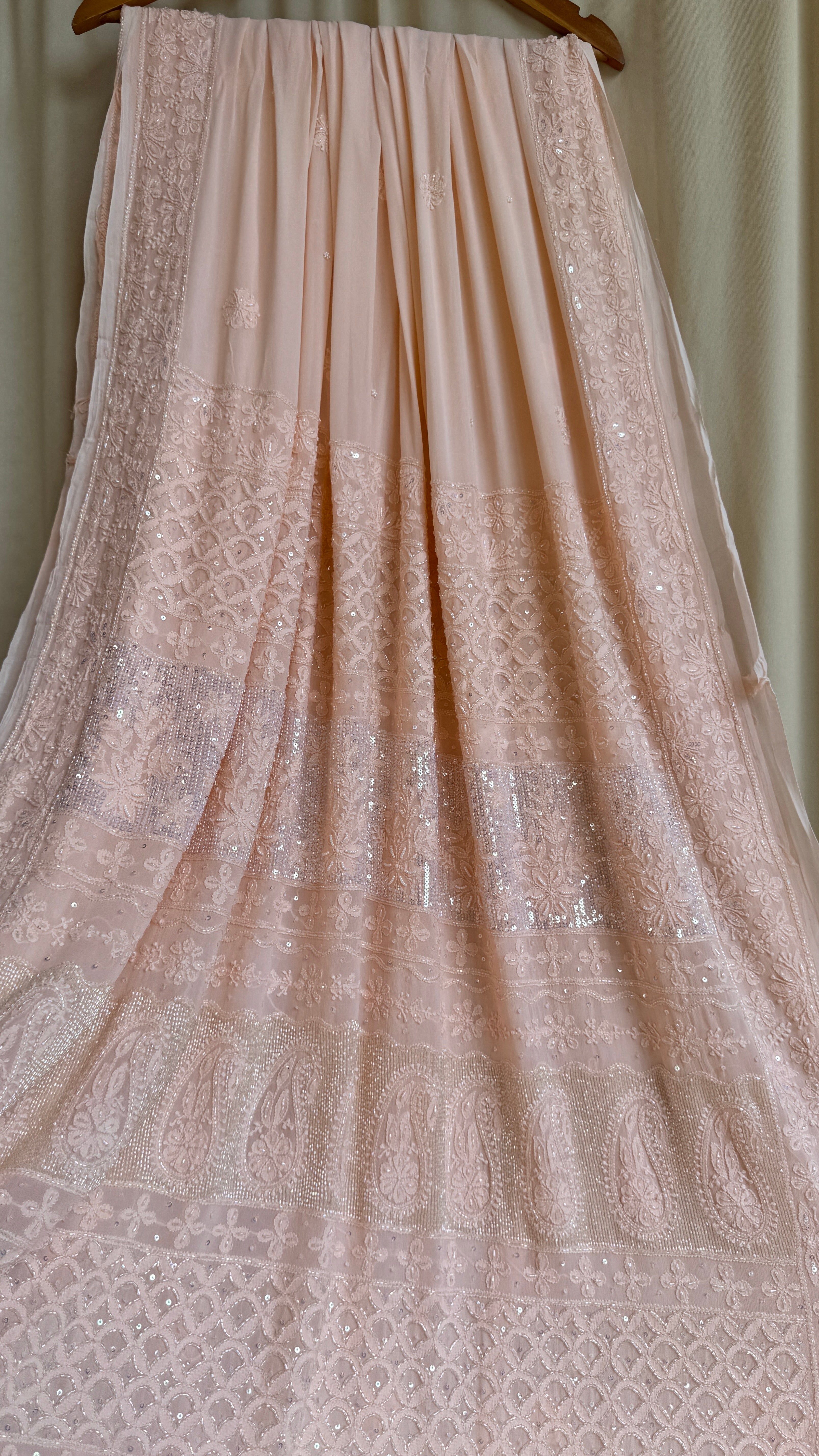 Viscose Peach Chikankari saree with Pearl embellishments