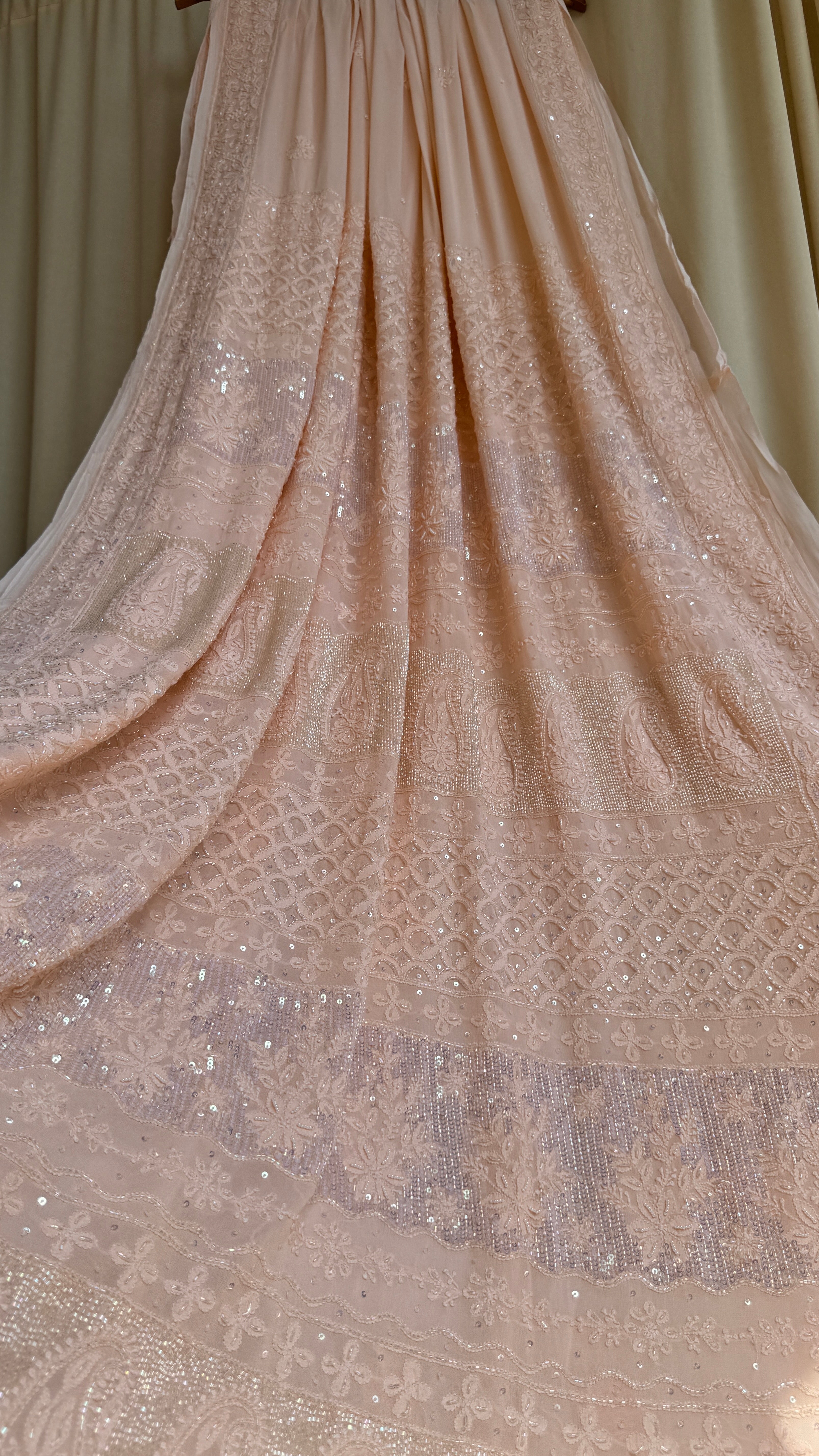 Viscose Peach Chikankari saree with Pearl embellishments