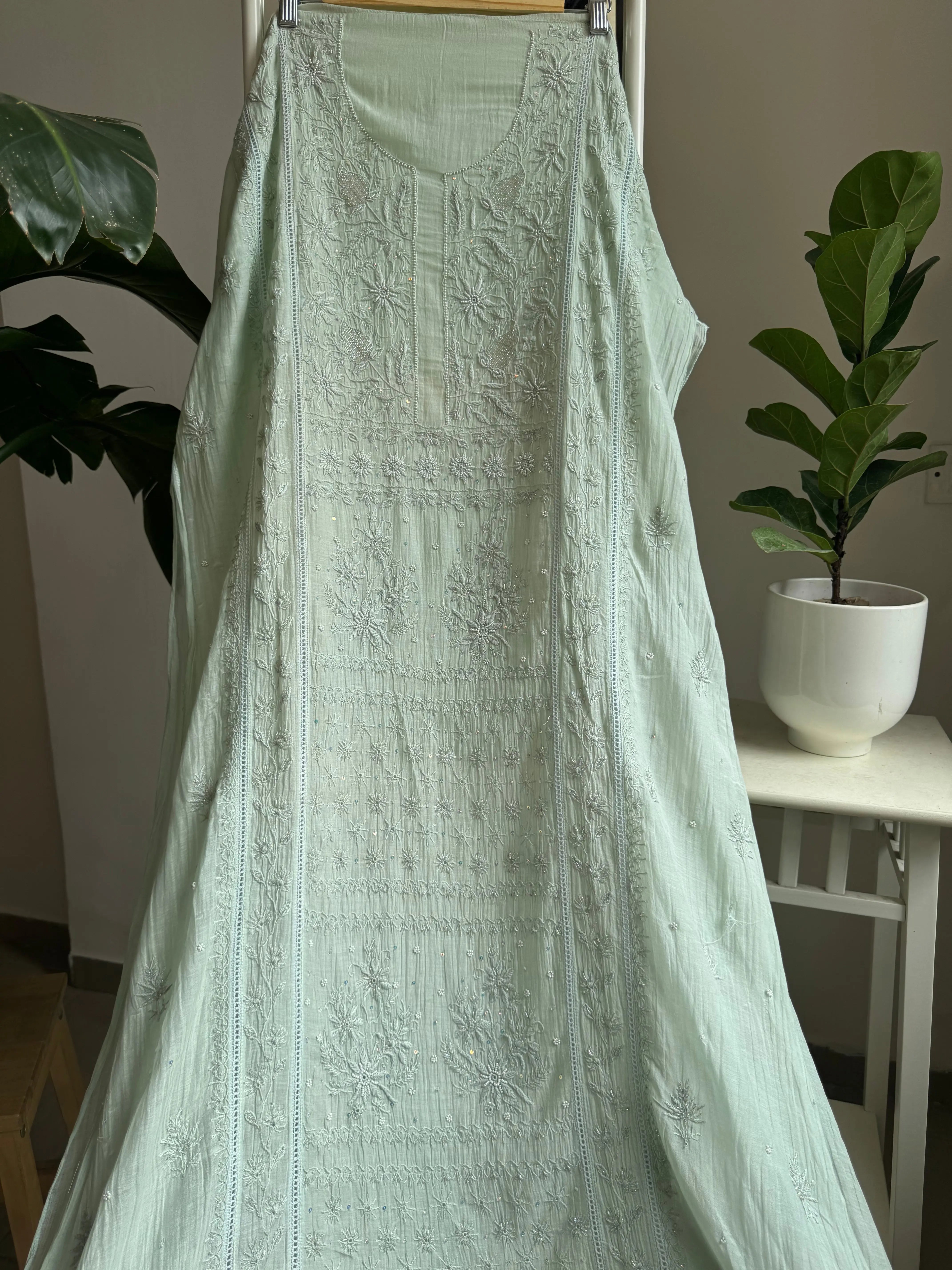 Mul Chanderi Straight Tunic - Sage Green ARIAA CHIKANKARI 