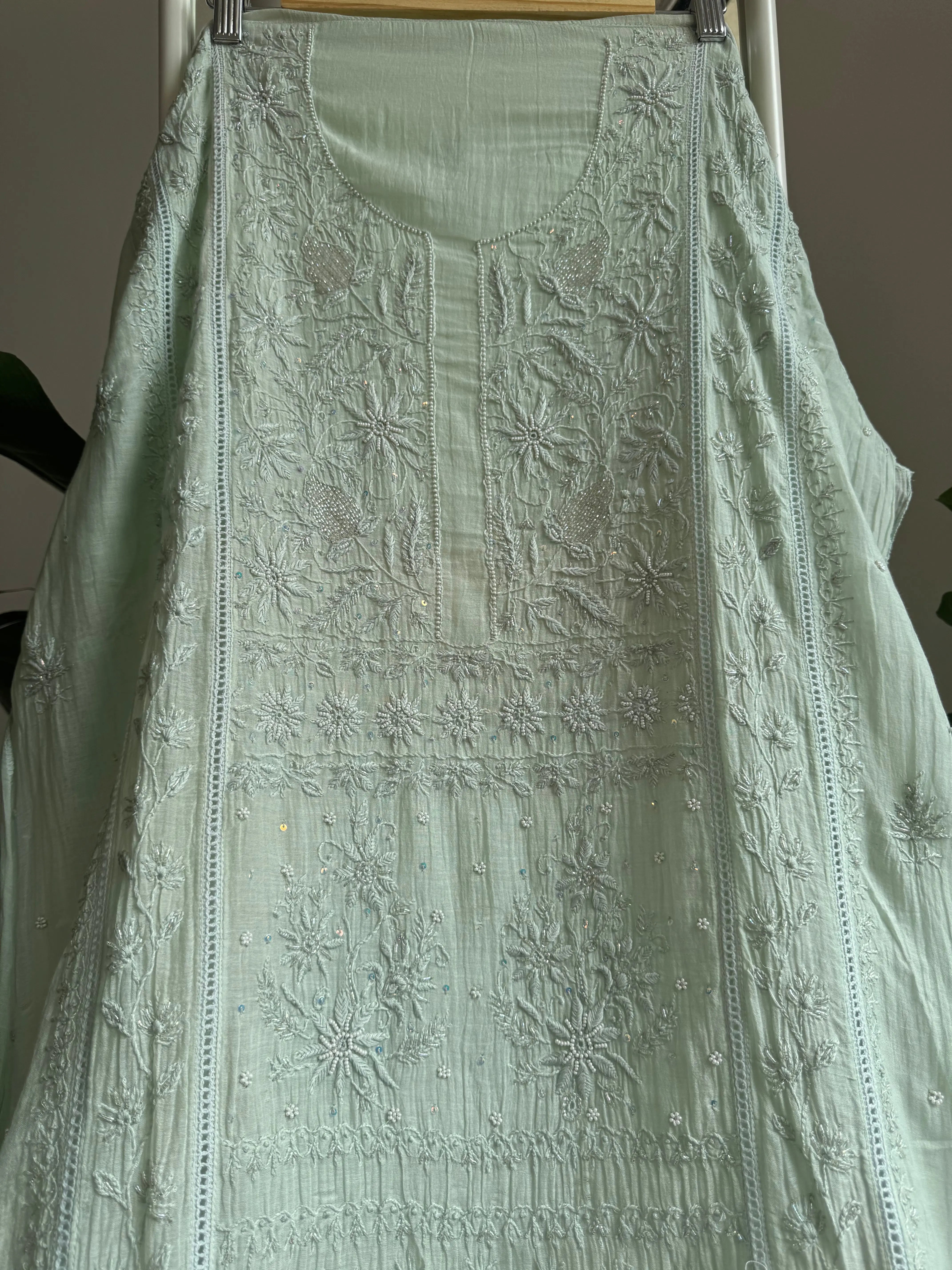 Mul Chanderi Straight Tunic - Sage Green ARIAA CHIKANKARI 