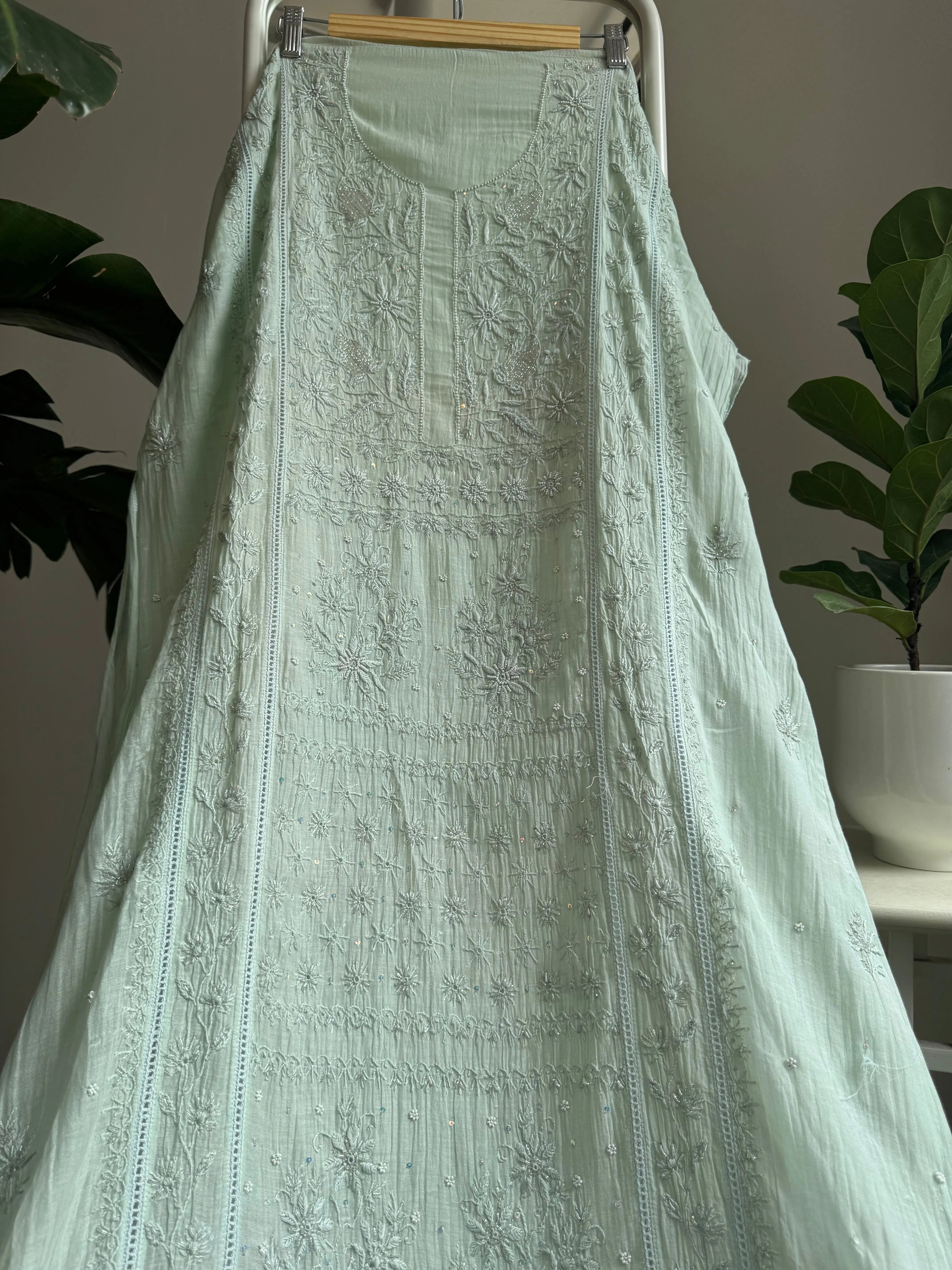 Mul Chanderi Straight Tunic - Sage Green ARIAA CHIKANKARI 