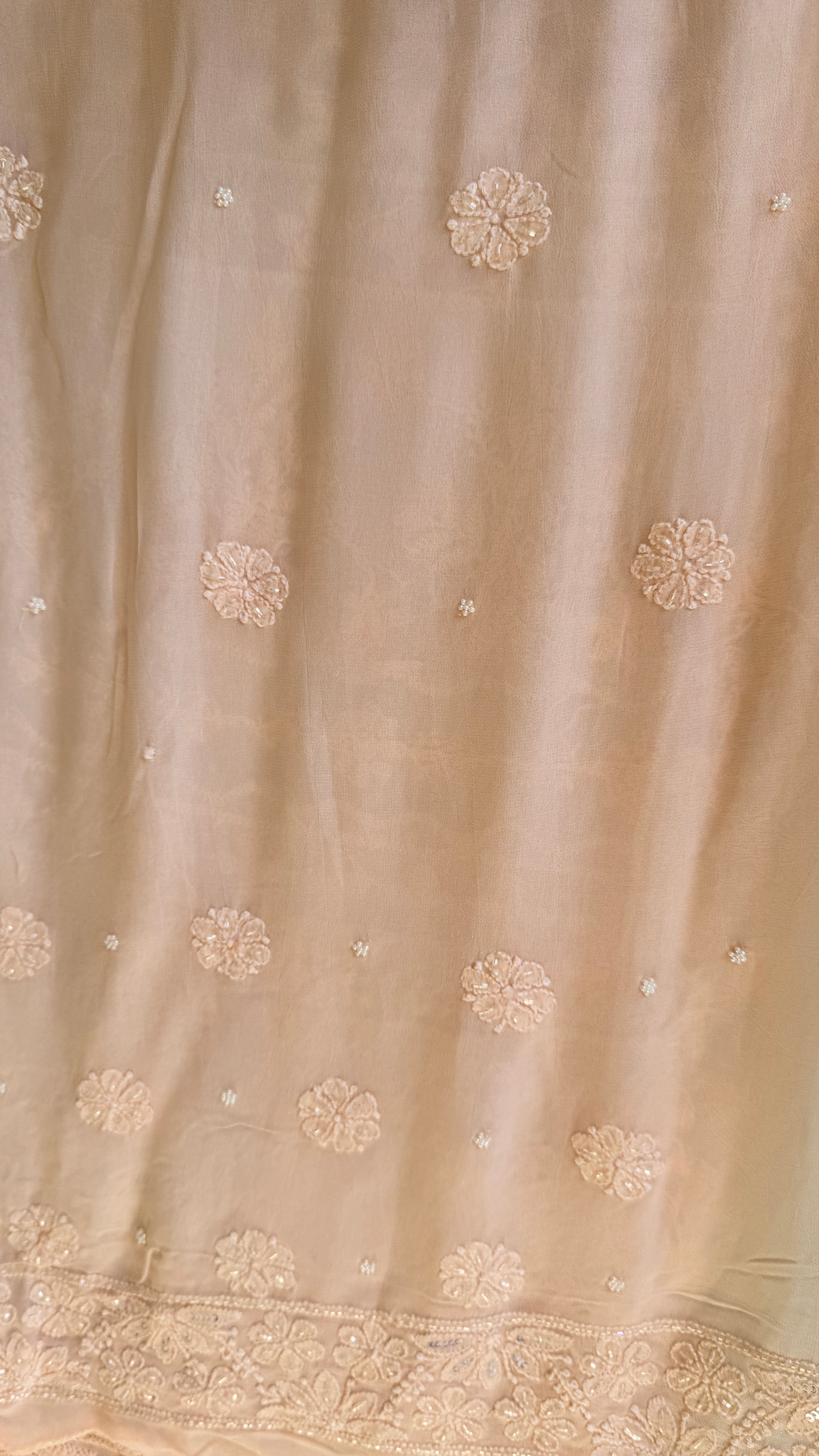 Viscose Peach Chikankari saree with Pearl embellishments