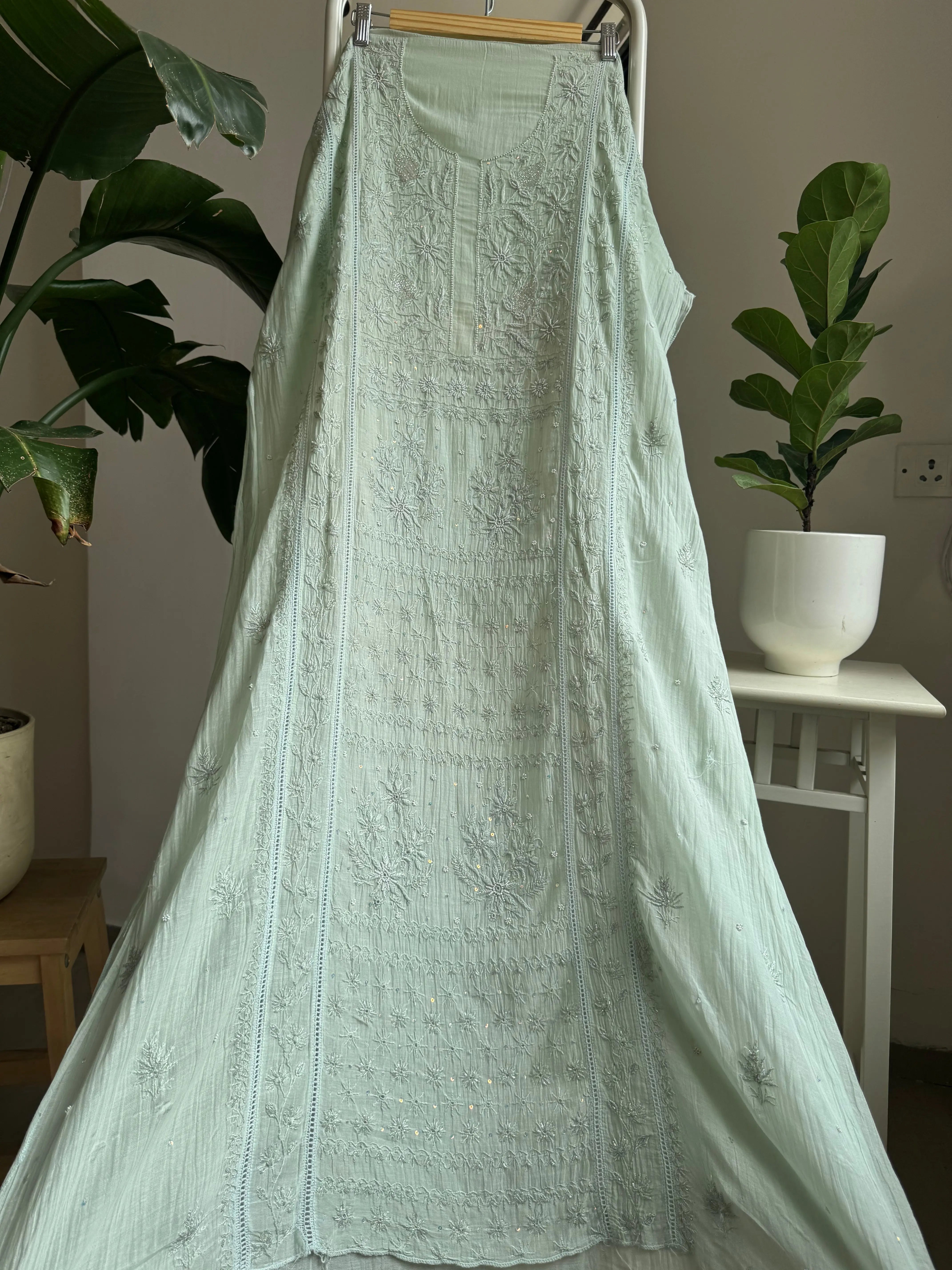 Mul Chanderi Straight Tunic - Sage Green ARIAA CHIKANKARI 